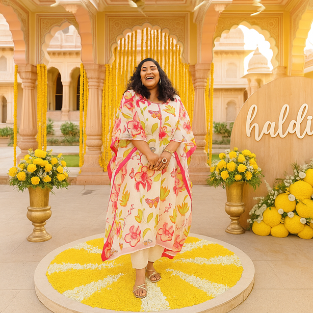 Woman in a floral dress standing on a decorated 'haldi' ceremony setup with yellow and white flowers.