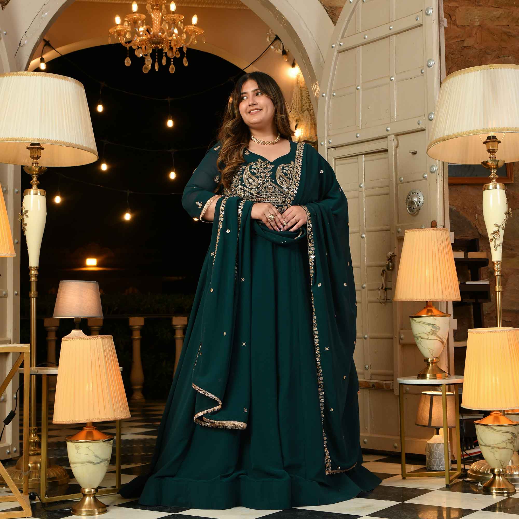Shaam Suhani- Peacock Green Cutdana Embroidered Georgette Anarkali Set Shaam Suhani- Peacock Green Cutdana Embroidered Georgette Anarkali Set