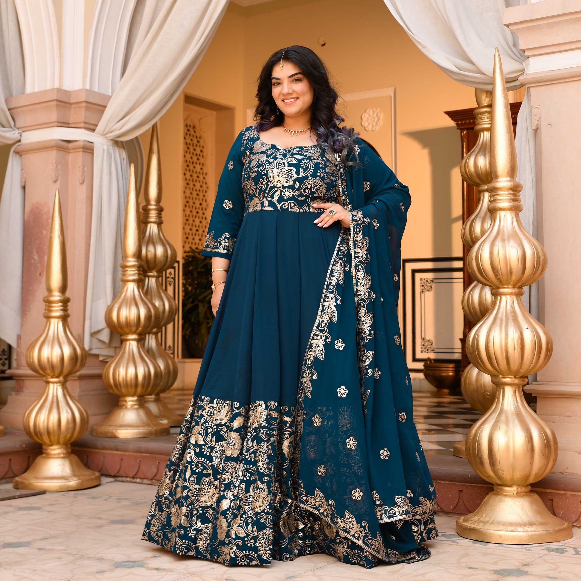 Kohinoor - Deep Prussian Blue Sequin Embroidered Georgette Anarkali Set