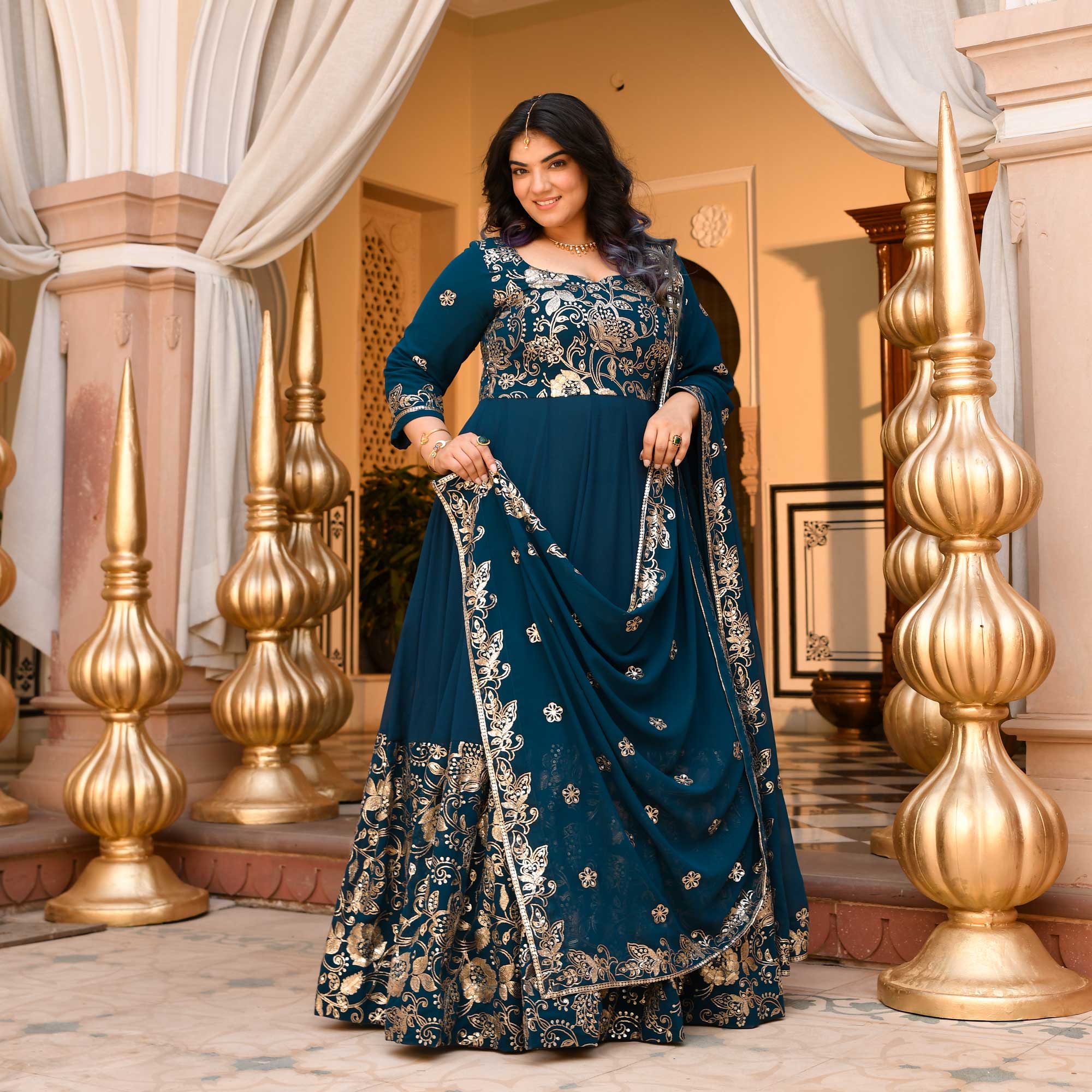 Kohinoor- Deep Prussian Blue Sequin Embroidered Georgette Anarkali Set