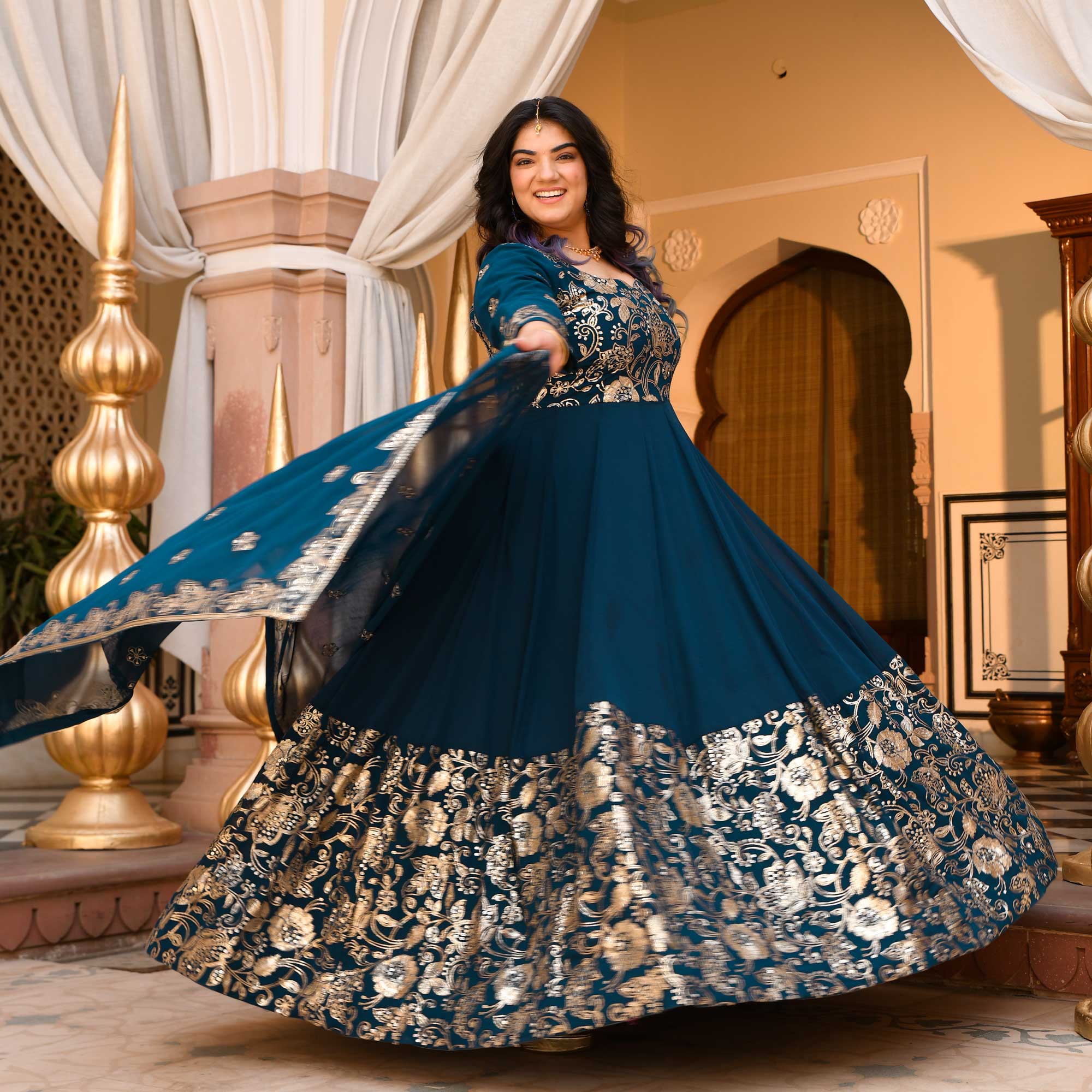 Kohinoor - Deep Prussian Blue Sequin Embroidered Georgette Anarkali Set