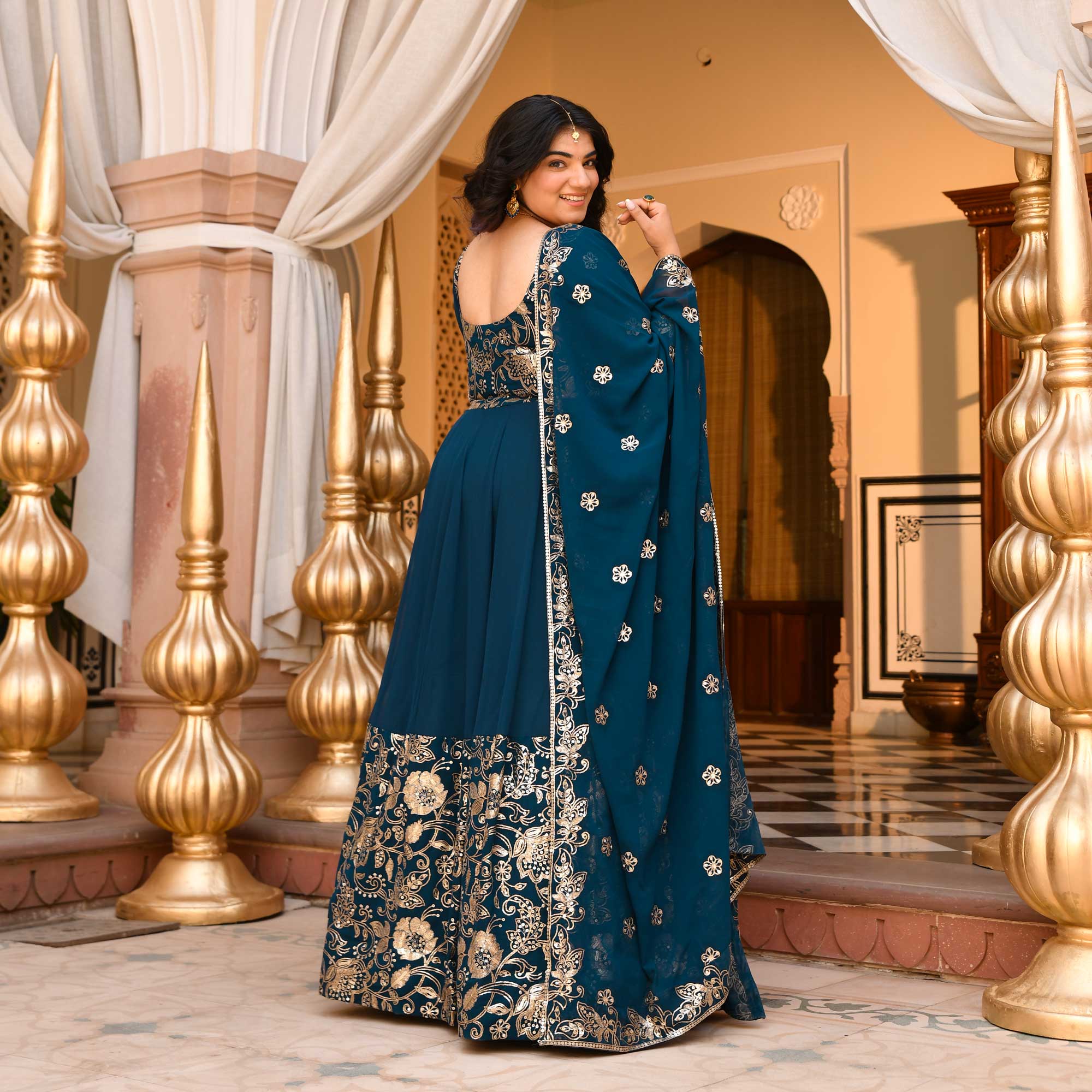 Kohinoor - Deep Prussian Blue Sequin Embroidered Georgette Anarkali Set