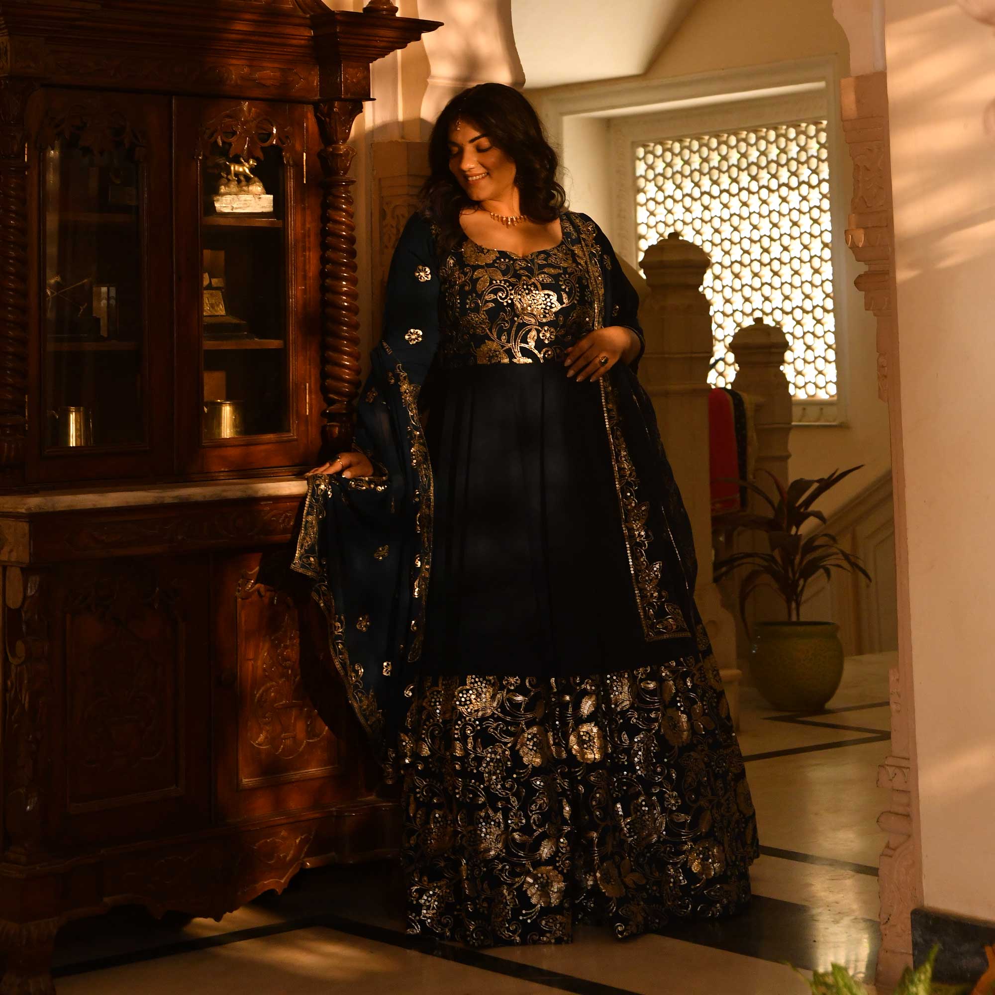 Kohinoor - Deep Prussian Blue Sequin Embroidered Georgette Anarkali Set