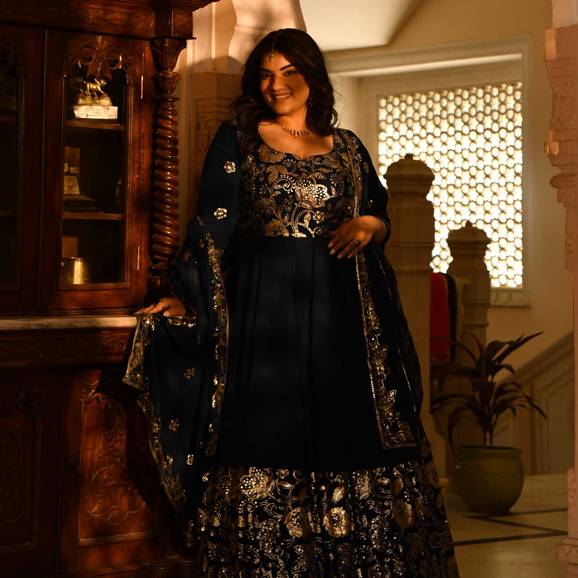 Kohinoor- Deep Prussian Blue Sequin Embroidered Georgette Anarkali Set