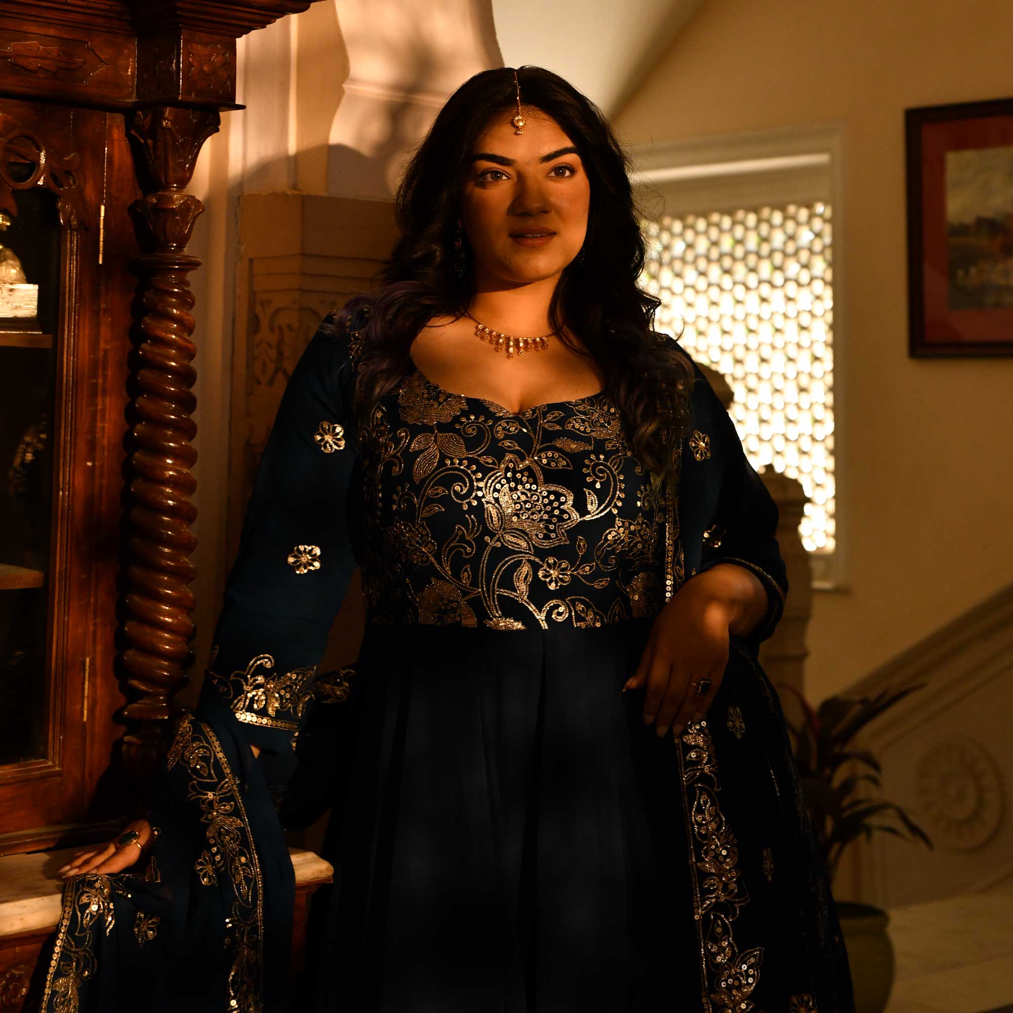 Kohinoor - Deep Prussian Blue Sequin Embroidered Georgette Anarkali Set