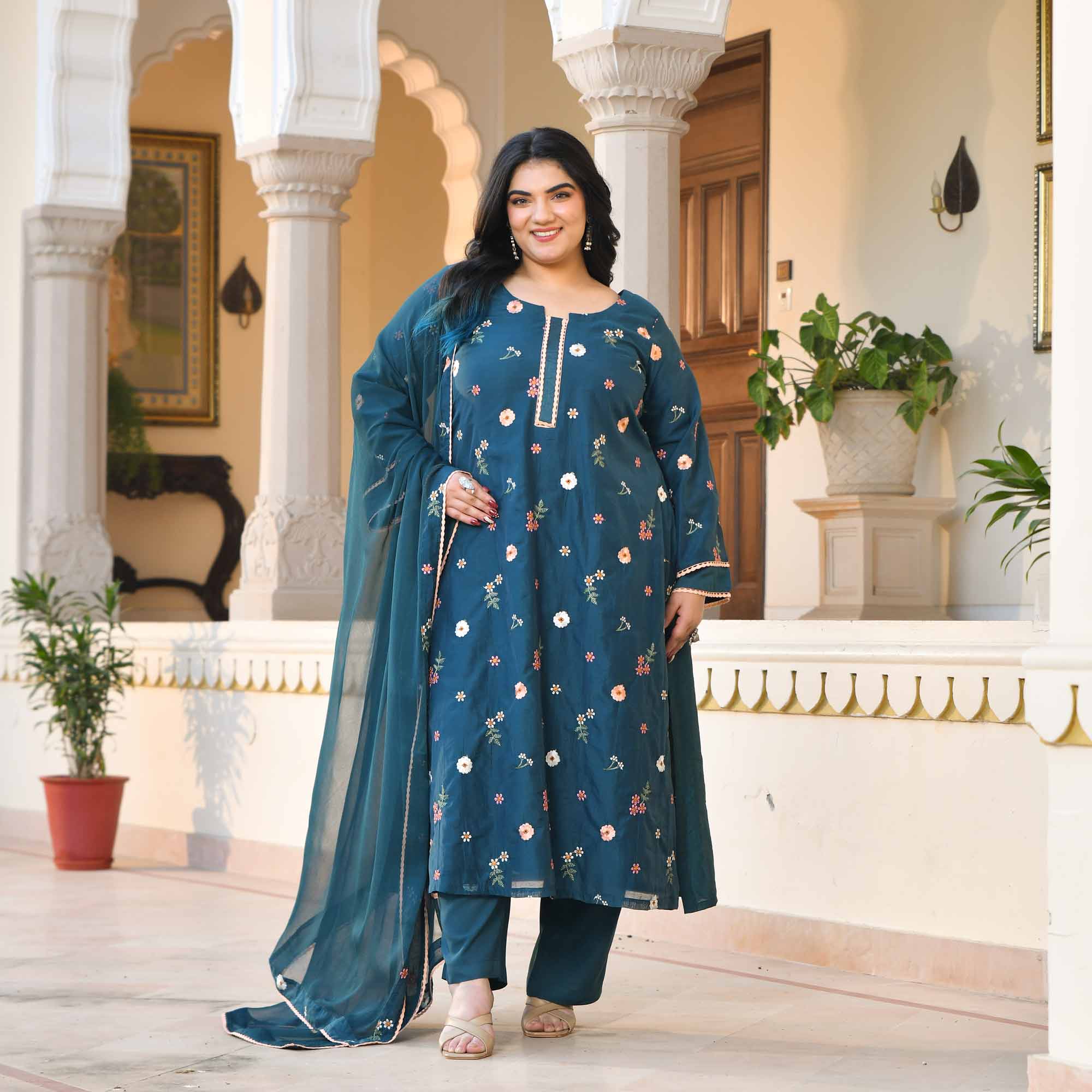 Jamun Mood- Prussian Blue Floral Thread Embroidery Mul Chanderi Suit Set