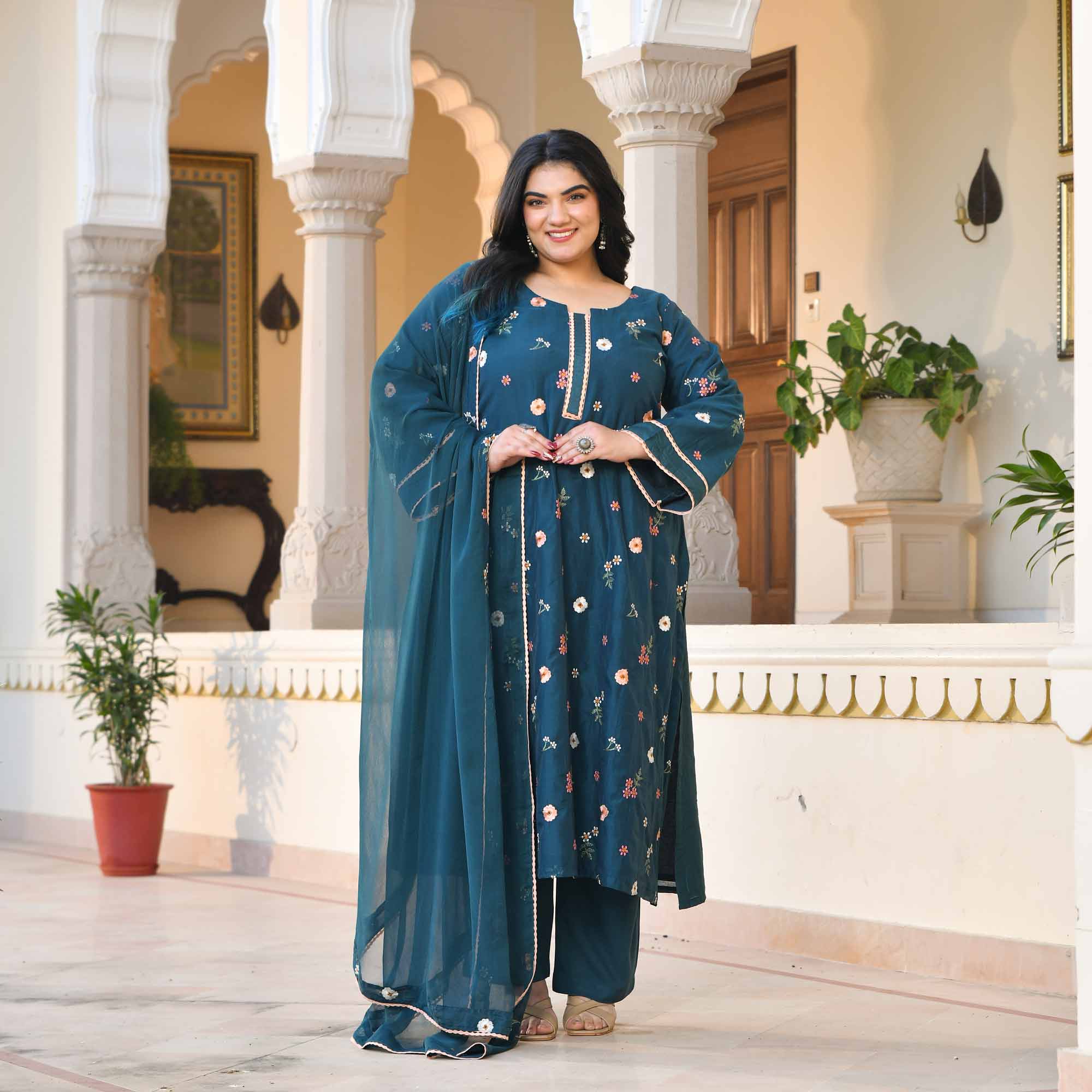 Jamun Mood- Prussian Blue Floral Thread Embroidery Mul Chanderi Suit Set