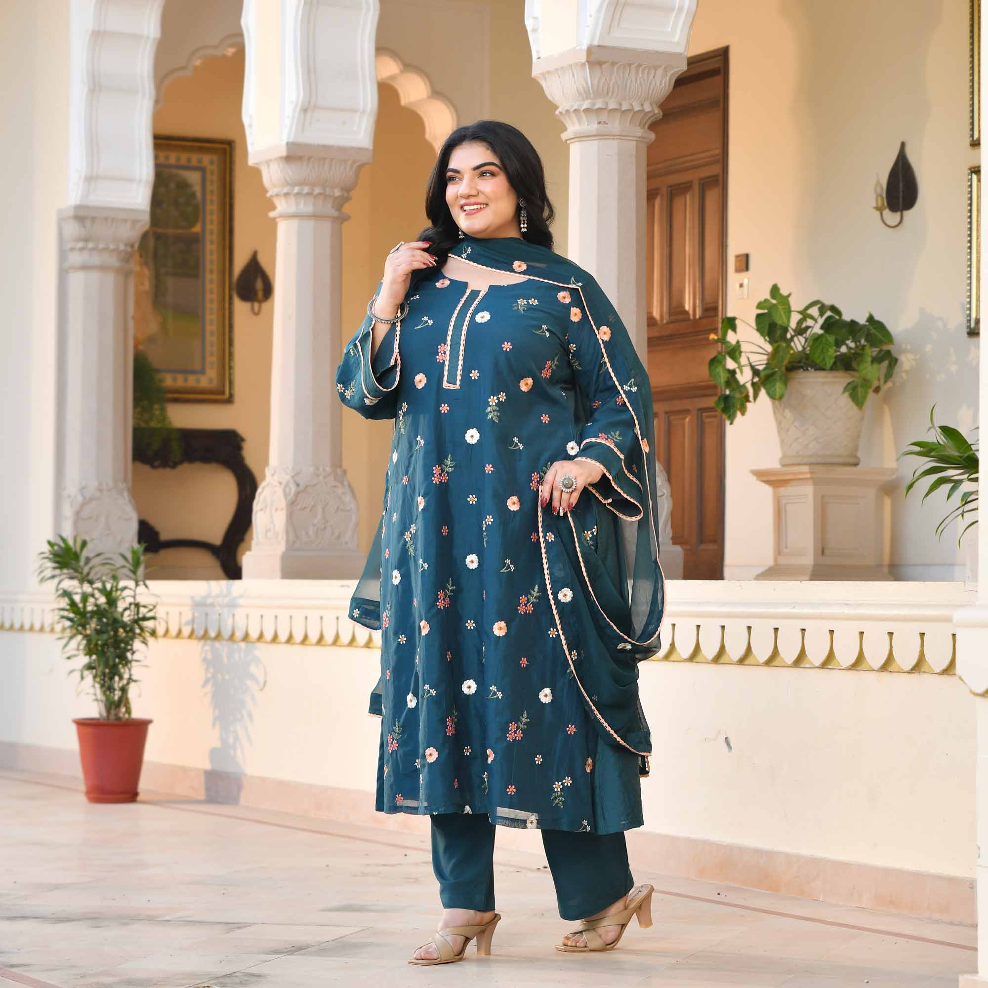 Jamun Mood- Prussian Blue Floral Thread Embroidery Mul Chanderi Suit Set