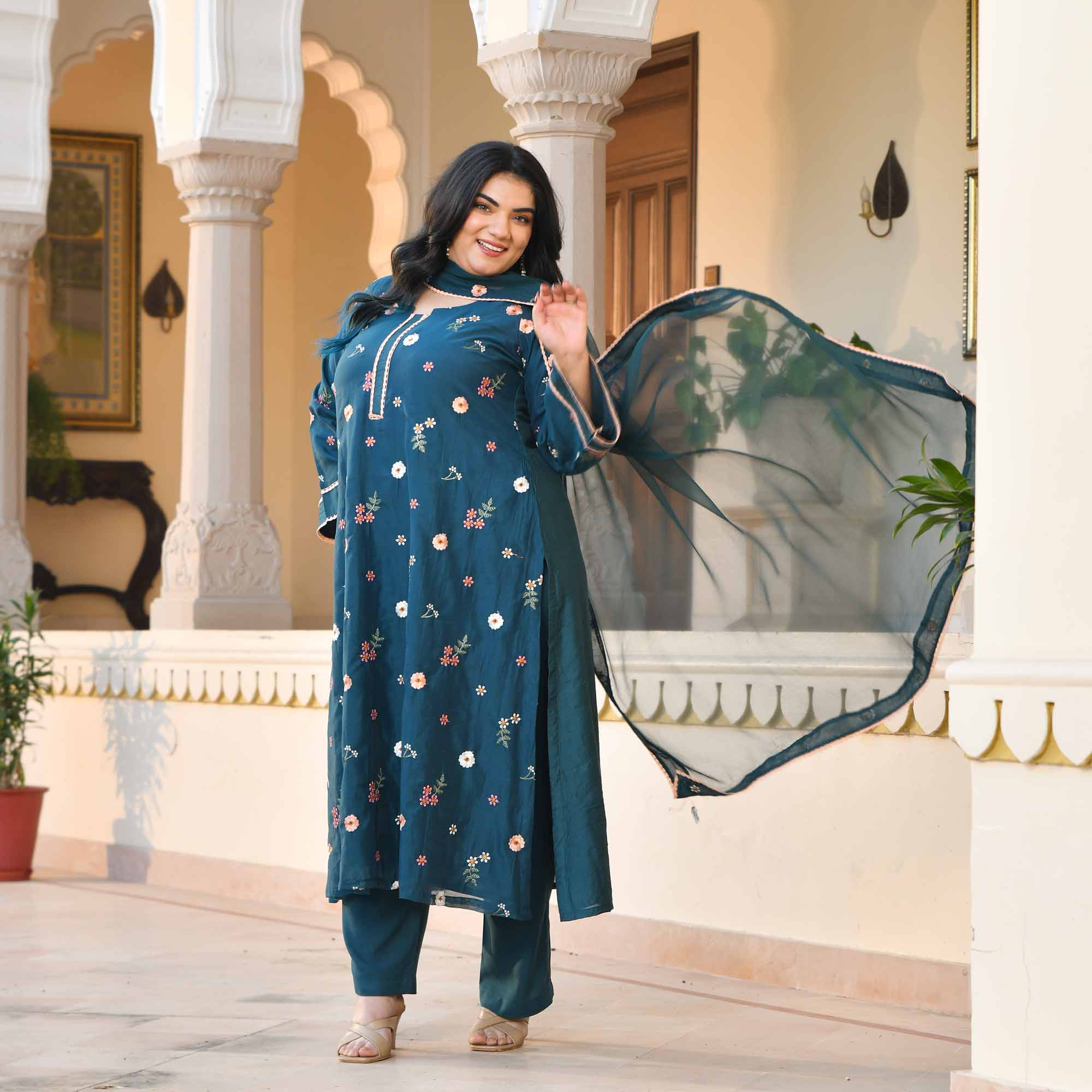 Jamun Mood- Prussian Blue Floral Thread Embroidery Mul Chanderi Suit Set