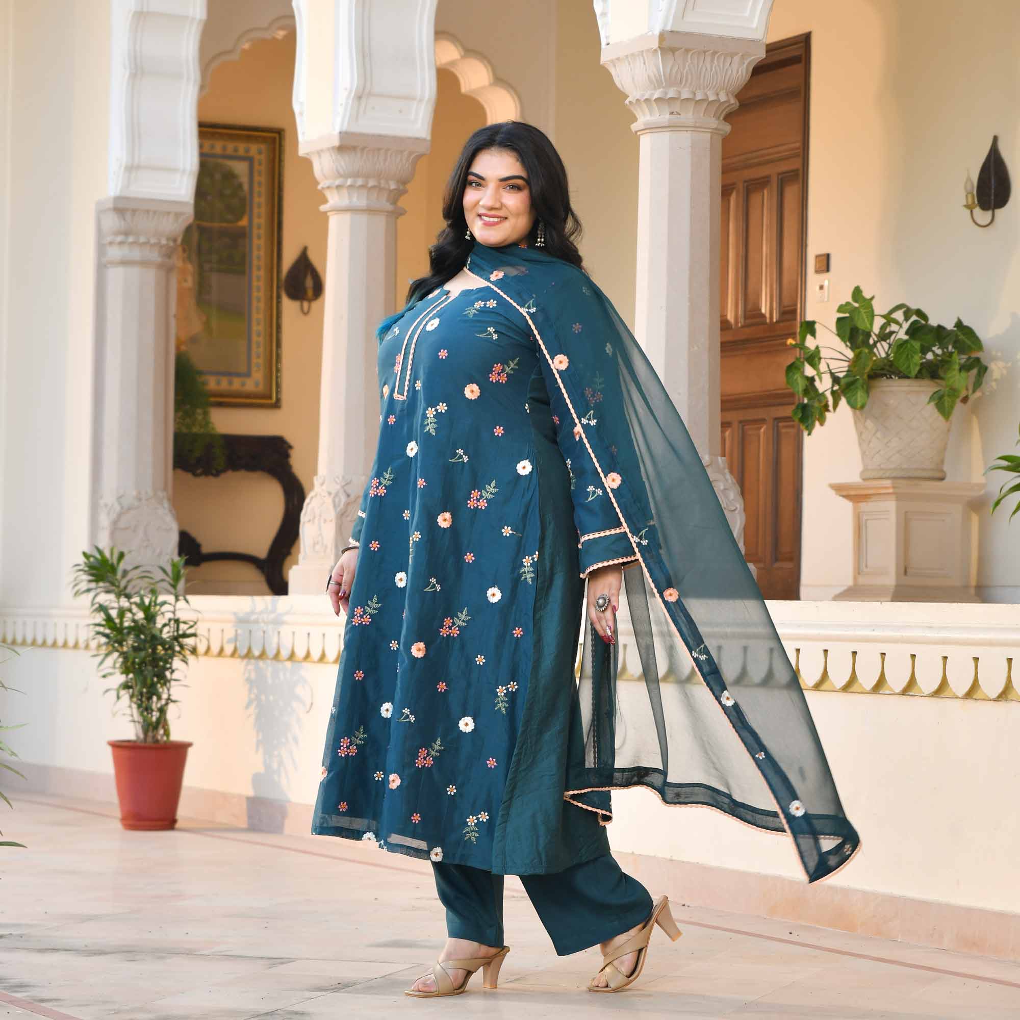 Jamun Mood- Prussian Blue Floral Thread Embroidery Mul Chanderi Suit Set