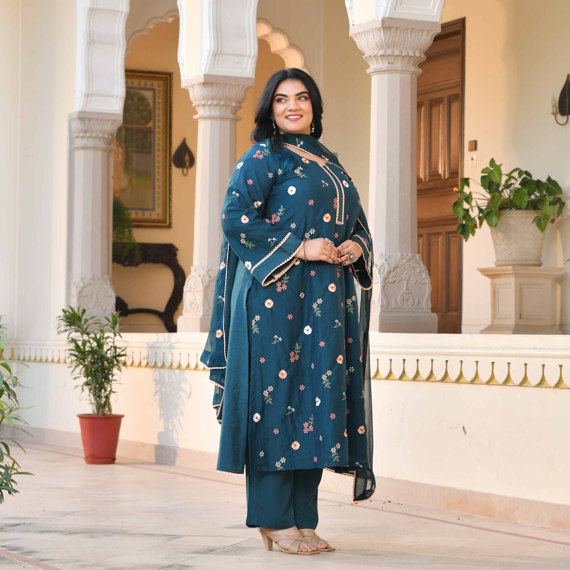 Jamun Mood- Prussian Blue Floral Thread Embroidery Mul Chanderi Suit Set