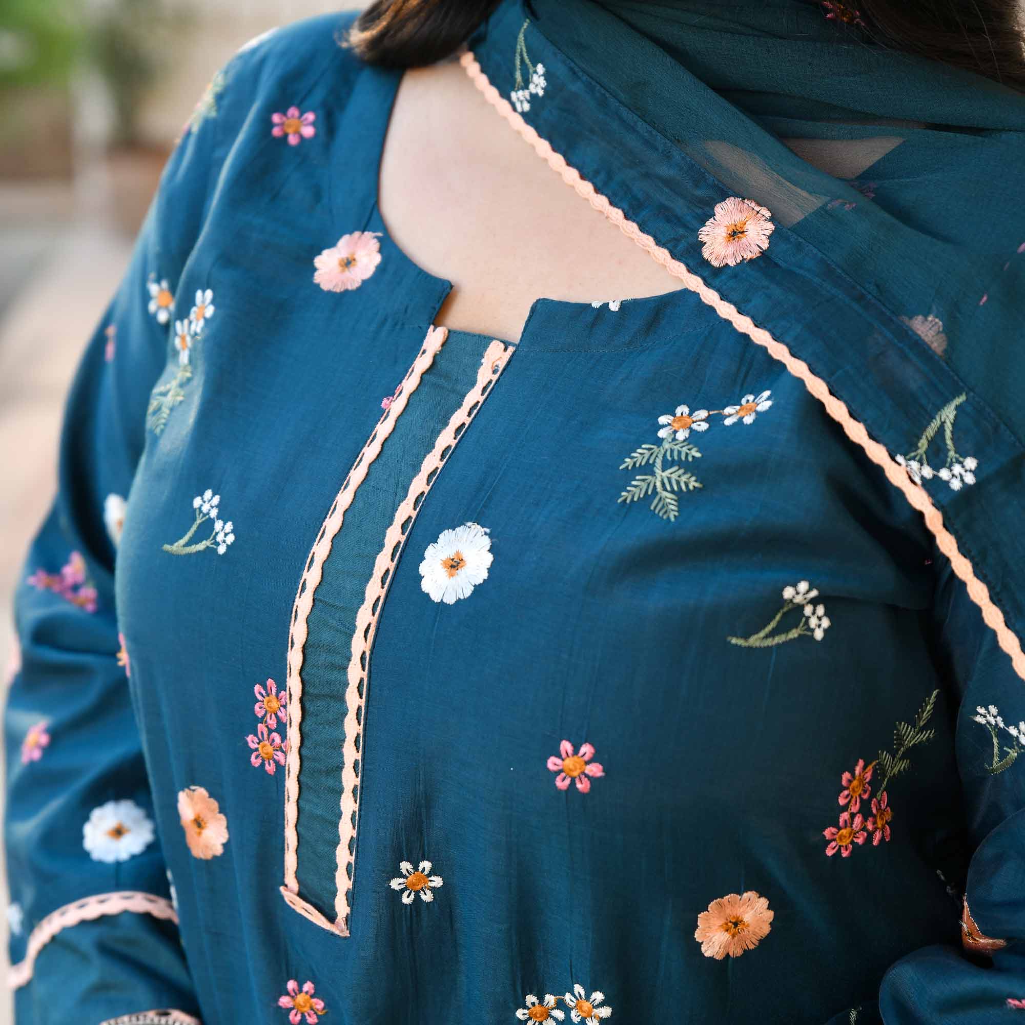 Jamun Mood- Prussian Blue Floral Thread Embroidery Mul Chanderi Suit Set