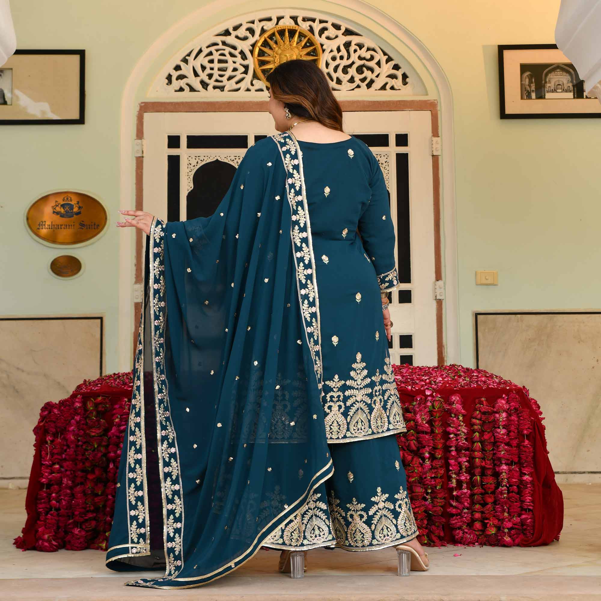 Shahi Tukda- Prussian Blue Embroidered Georgette Suit Set