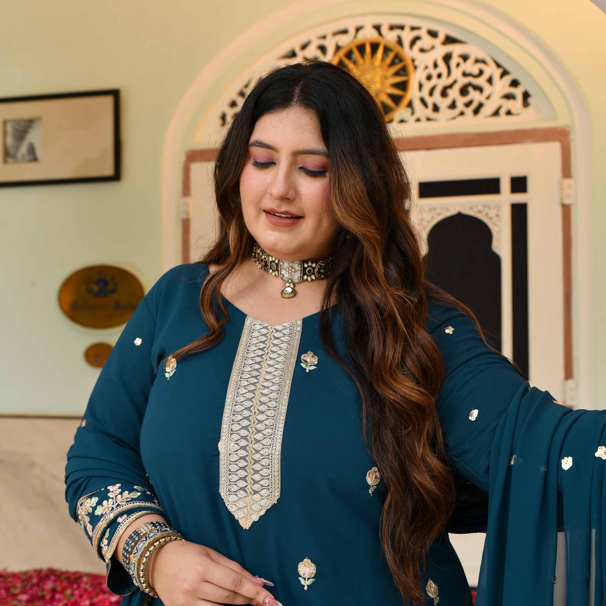 Shahi Tukda- Prussian Blue Embroidered Georgette Suit Set