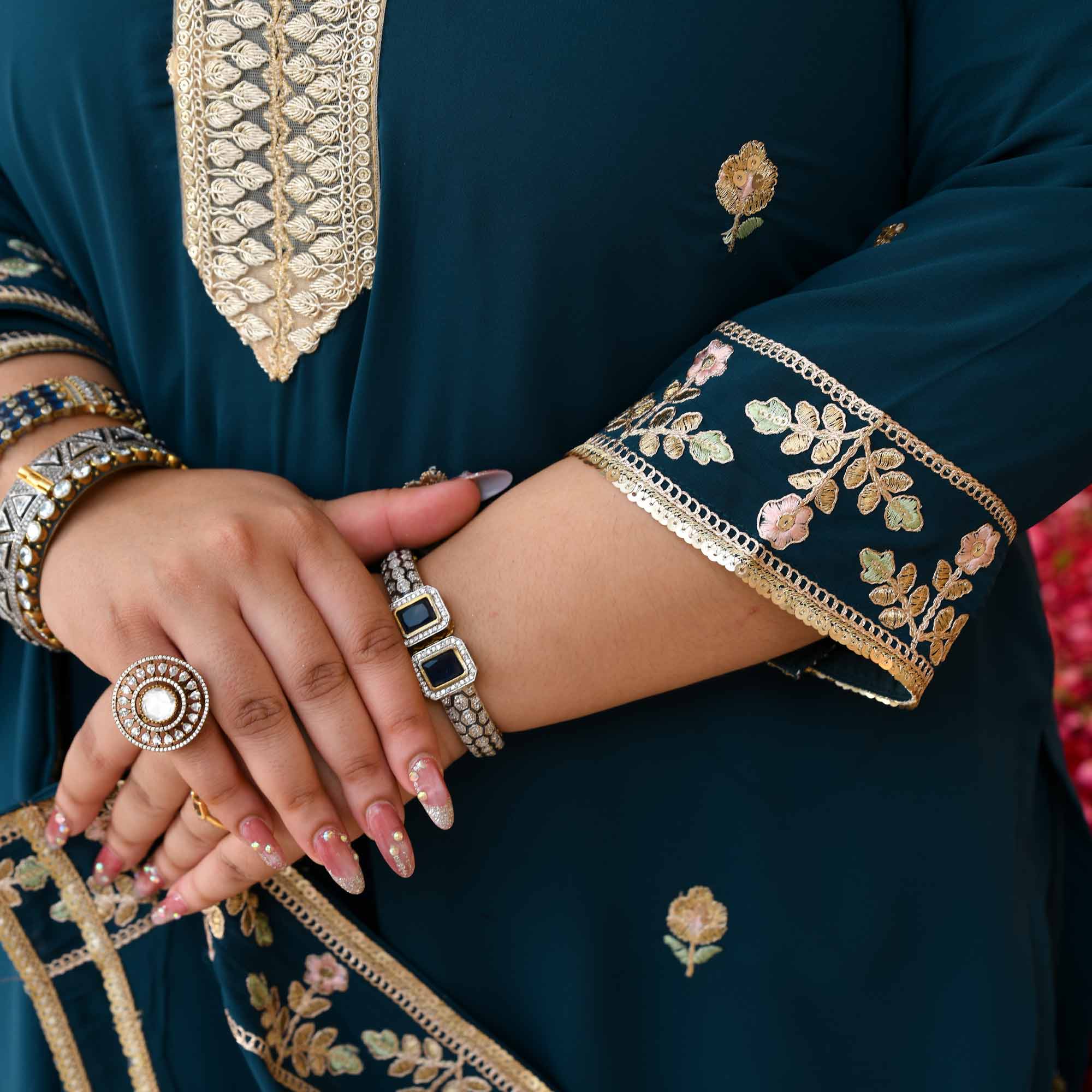 Shahi Tukda- Prussian Blue Embroidered Georgette Suit Set