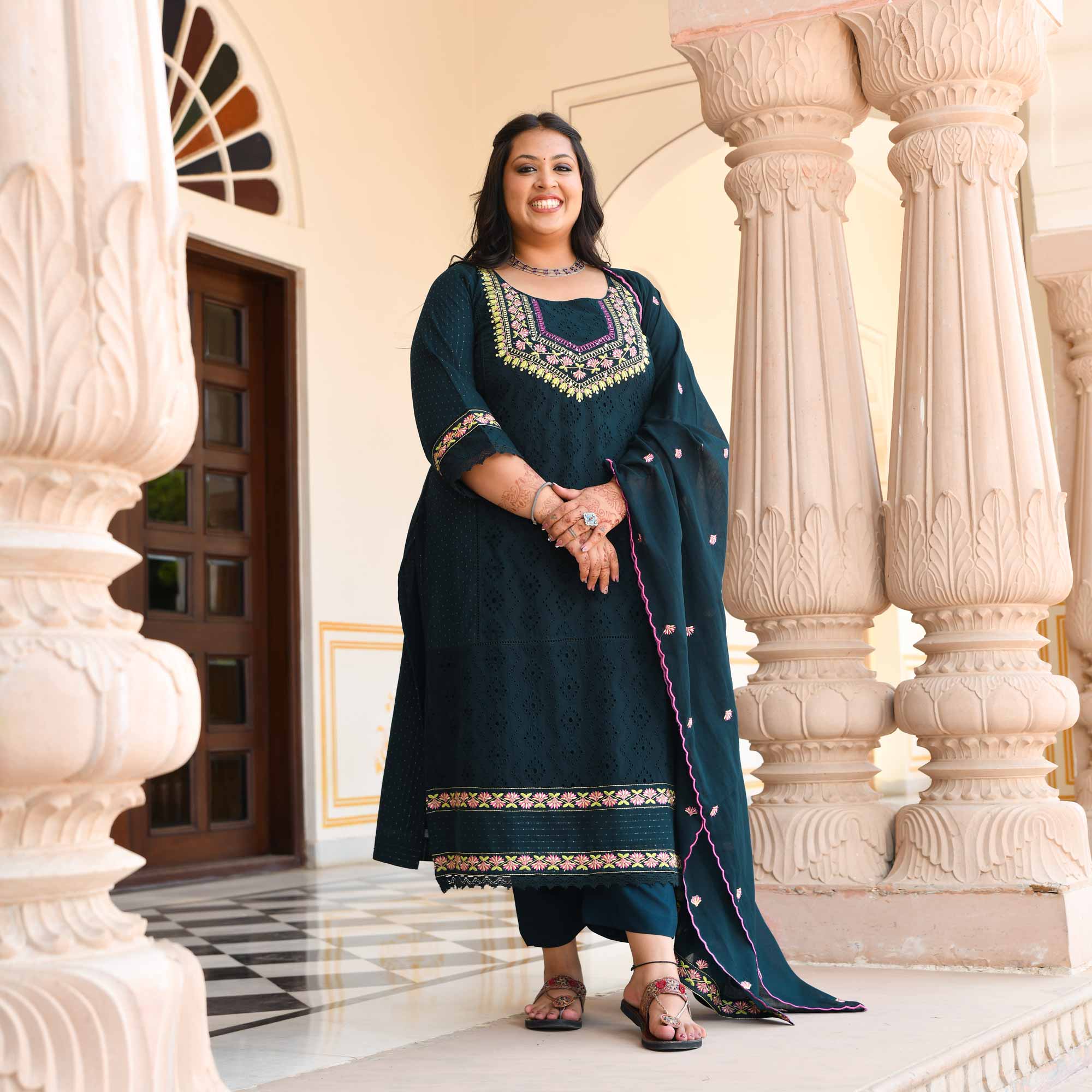 Empress Blue Schiffli Embroidered Cotton Suit Set