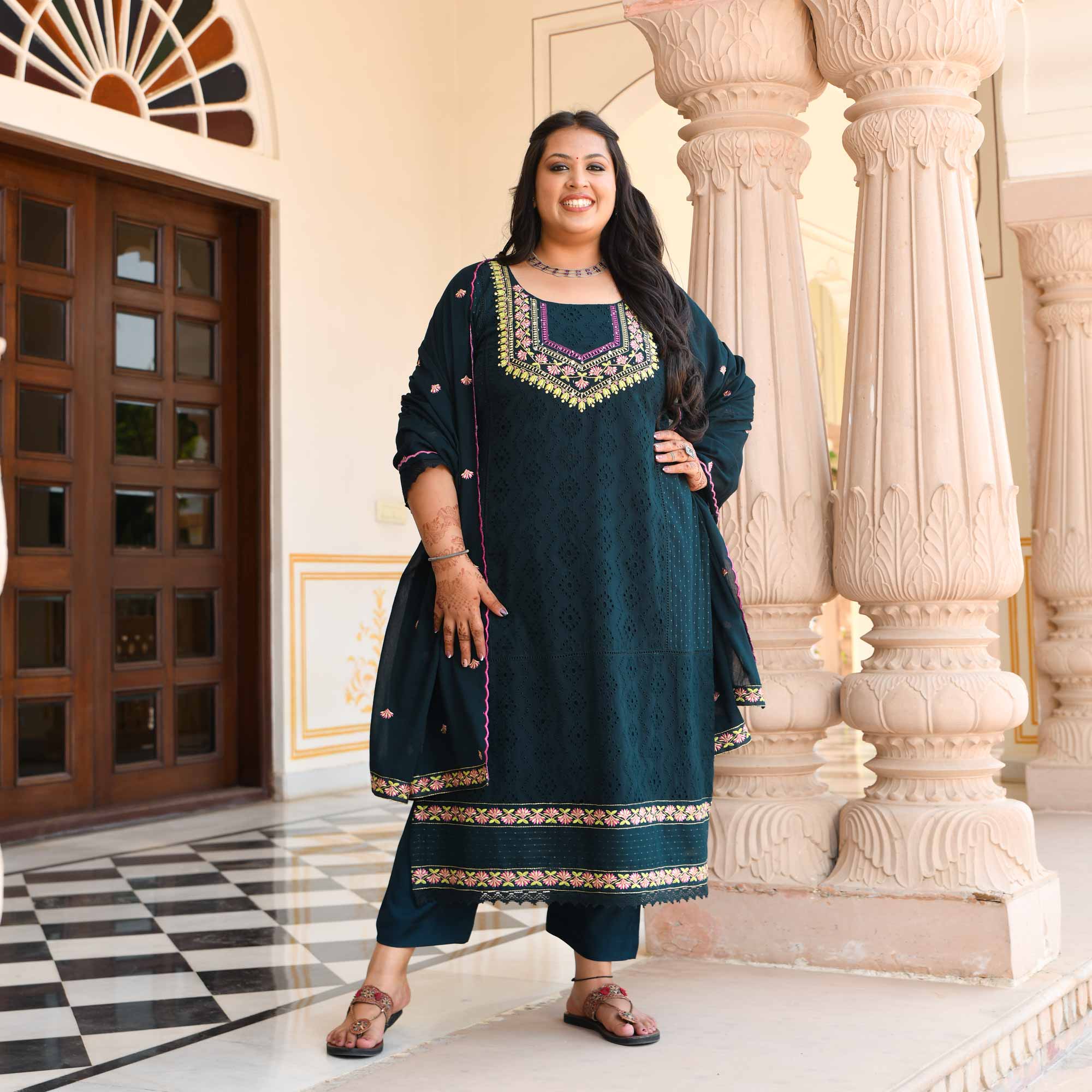 Empress Blue Schiffli Embroidered Cotton Suit Set