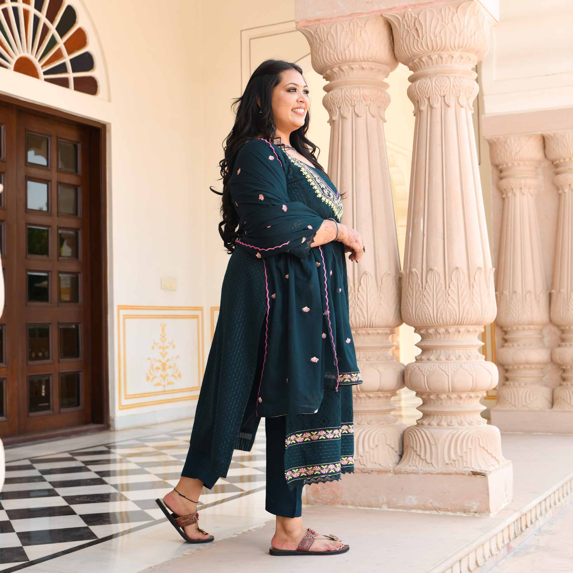 Empress Blue Schiffli Embroidered Cotton Suit Set