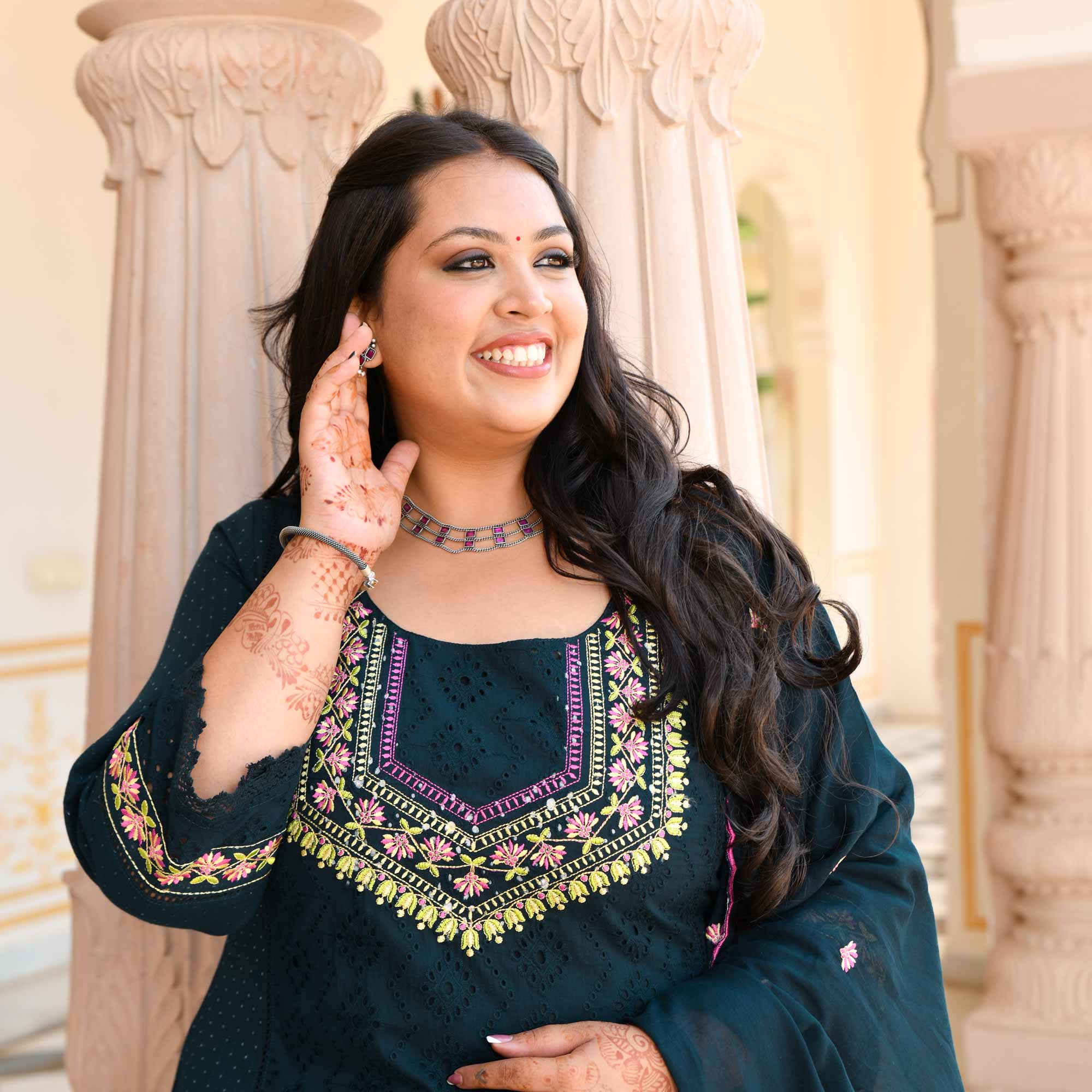 Empress Blue Schiffli Embroidered Cotton Suit Set