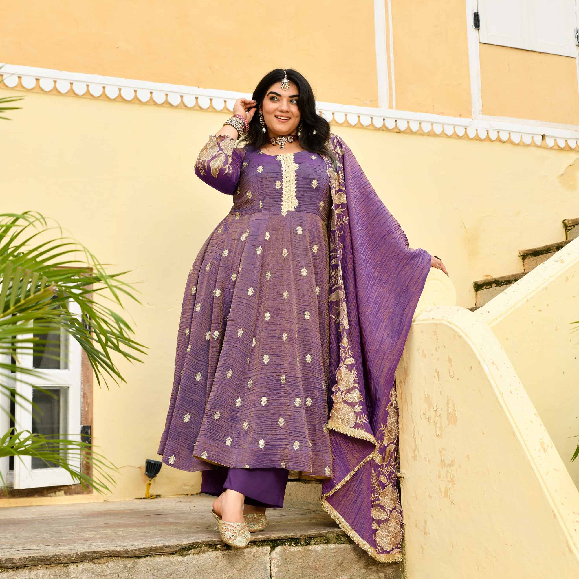 Ghungroo- Purple Pure Tissue Crush Zari embroidered Anarkali Set