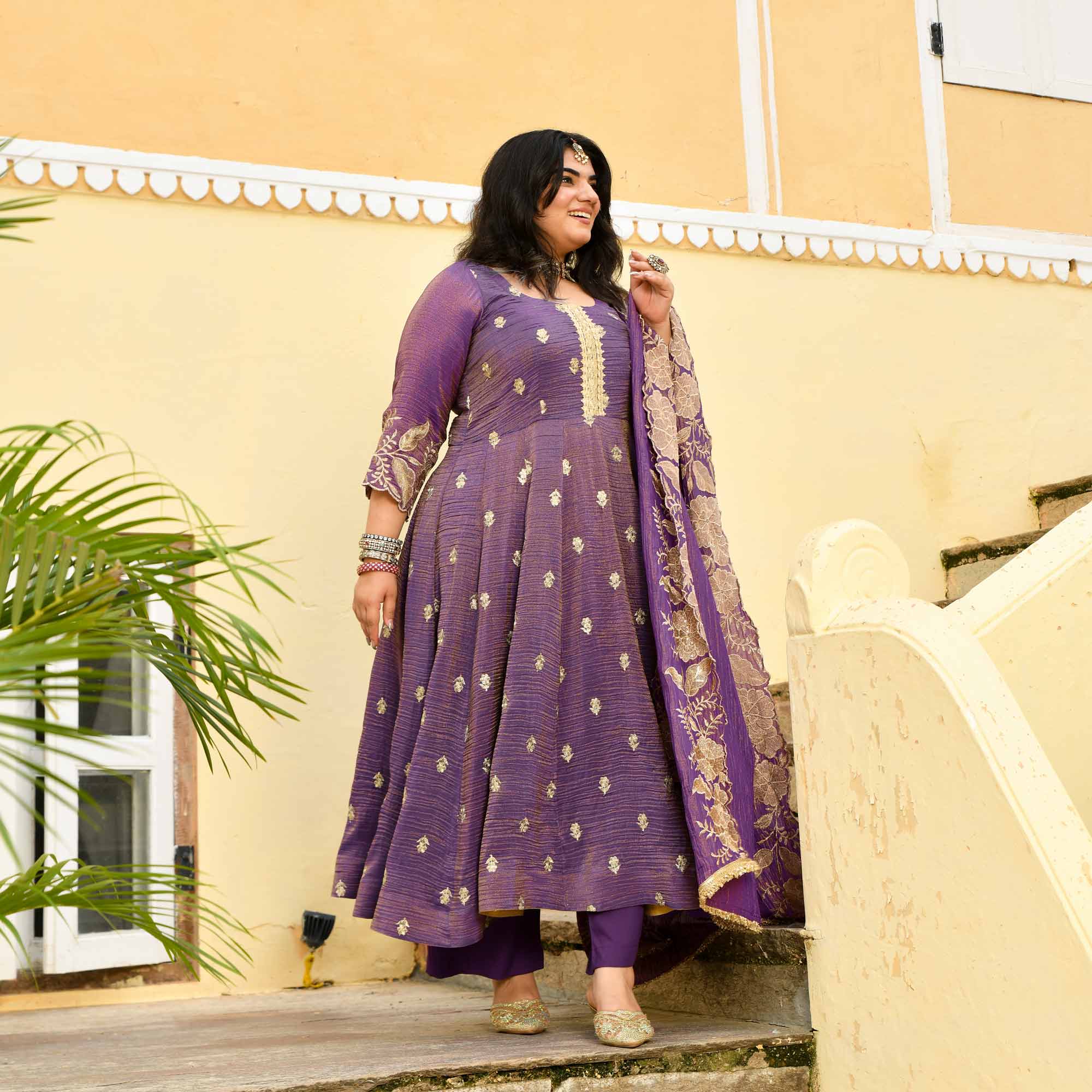 Ghungroo- Purple Pure Tissue Crush Zari embroidered Anarkali Set