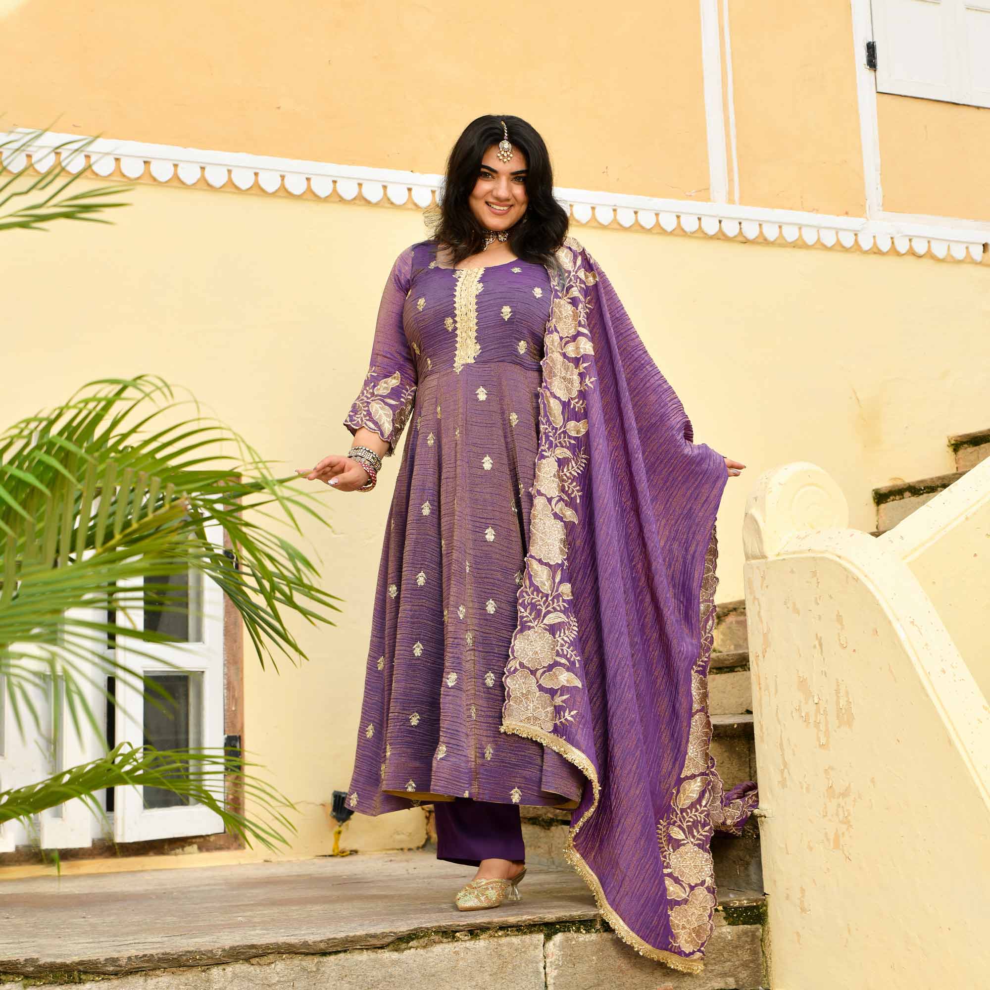 Ghungroo- Purple Pure Tissue Crush Zari embroidered Anarkali Set