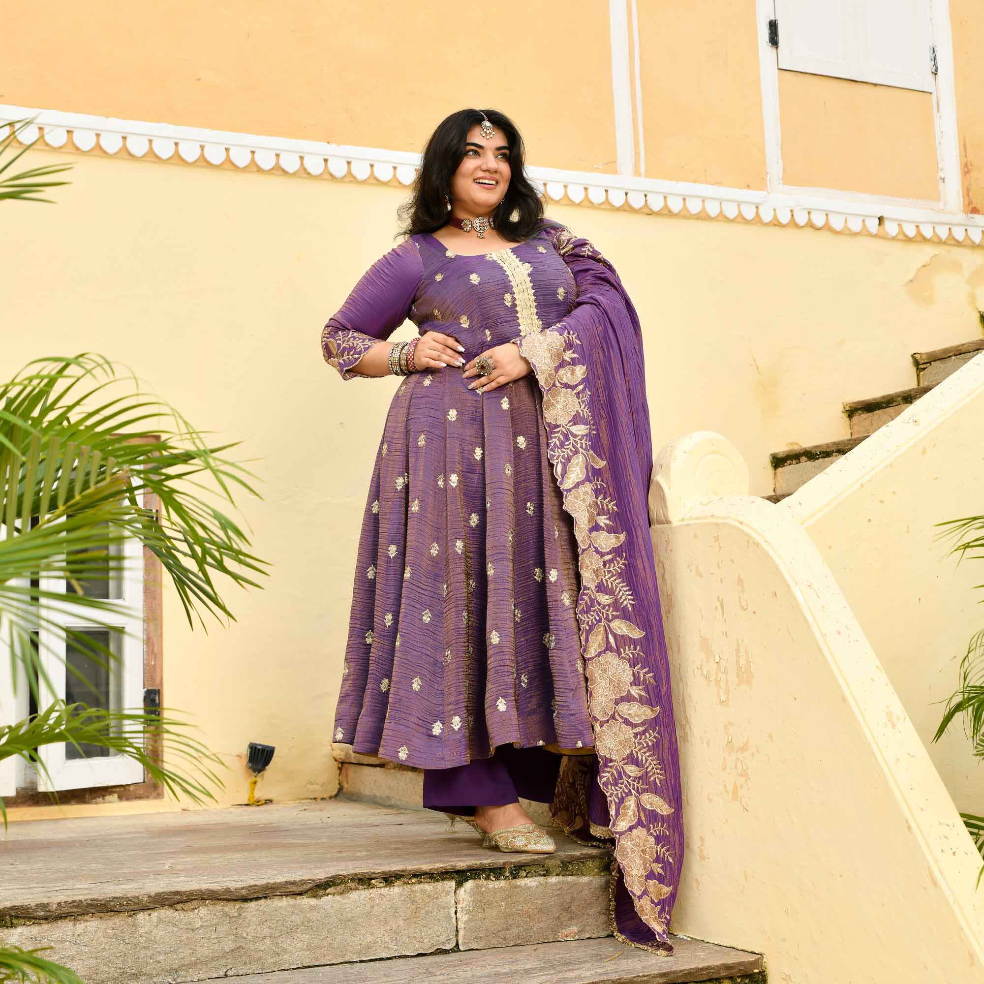 Ghungroo- Purple Pure Tissue Crush Zari embroidered Anarkali Set