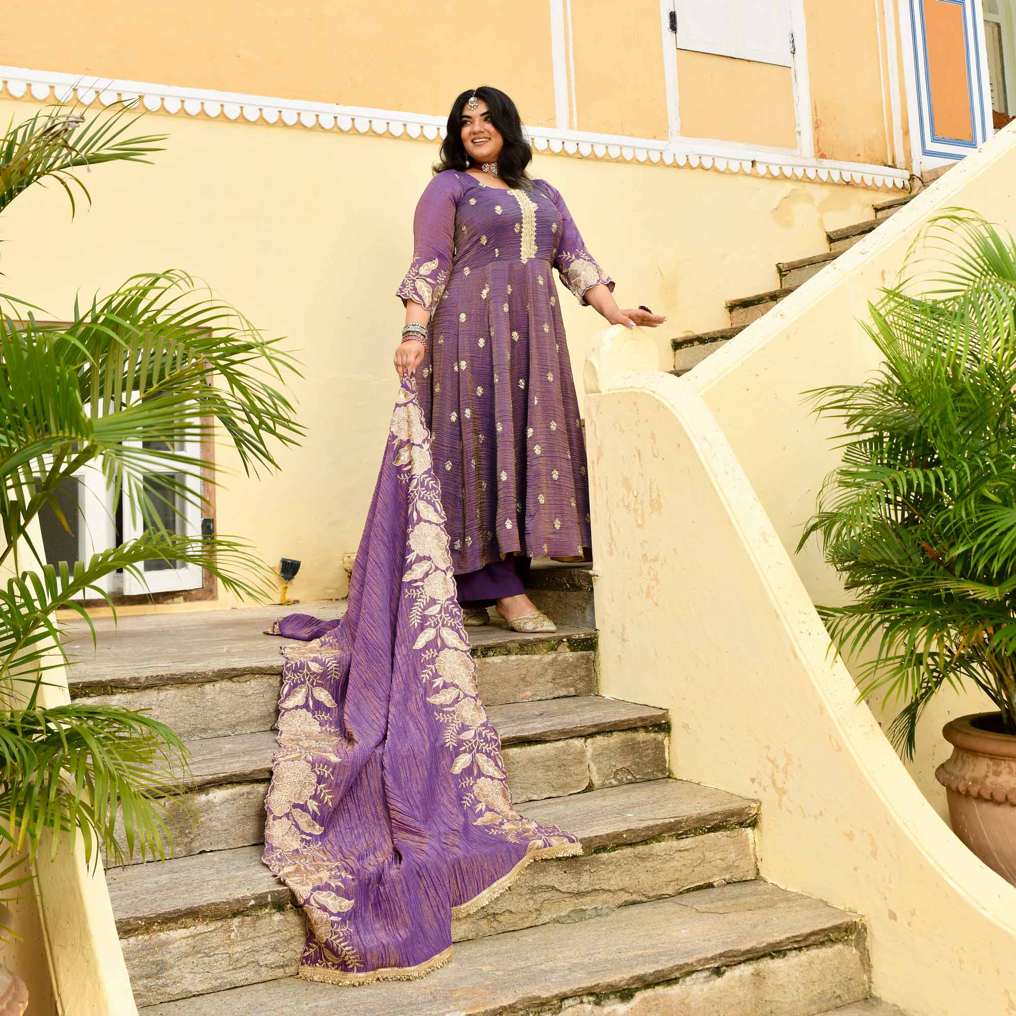 Ghungroo- Purple Pure Tissue Crush Zari embroidered Anarkali Set