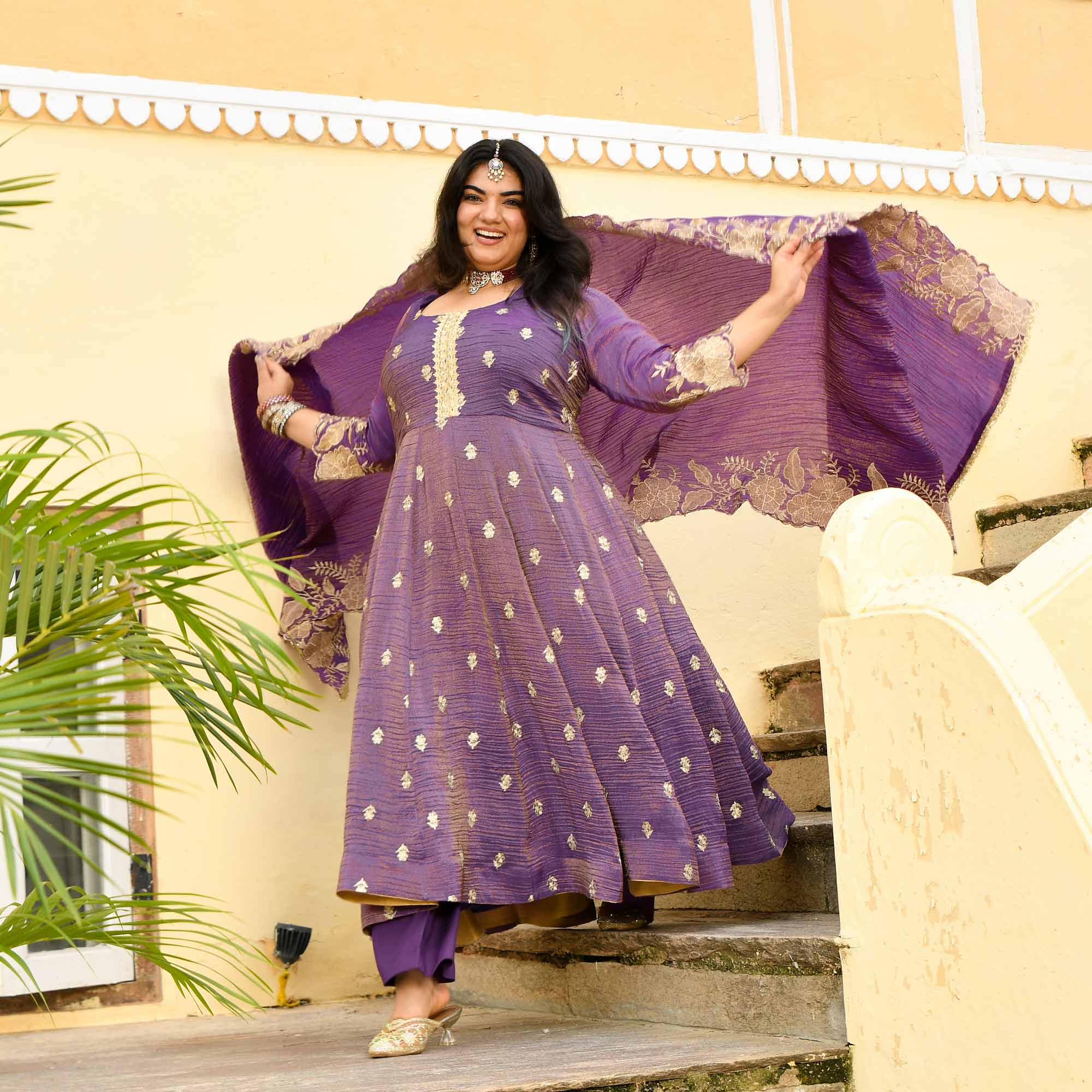 Ghungroo- Purple Pure Tissue Crush Zari embroidered Anarkali Set