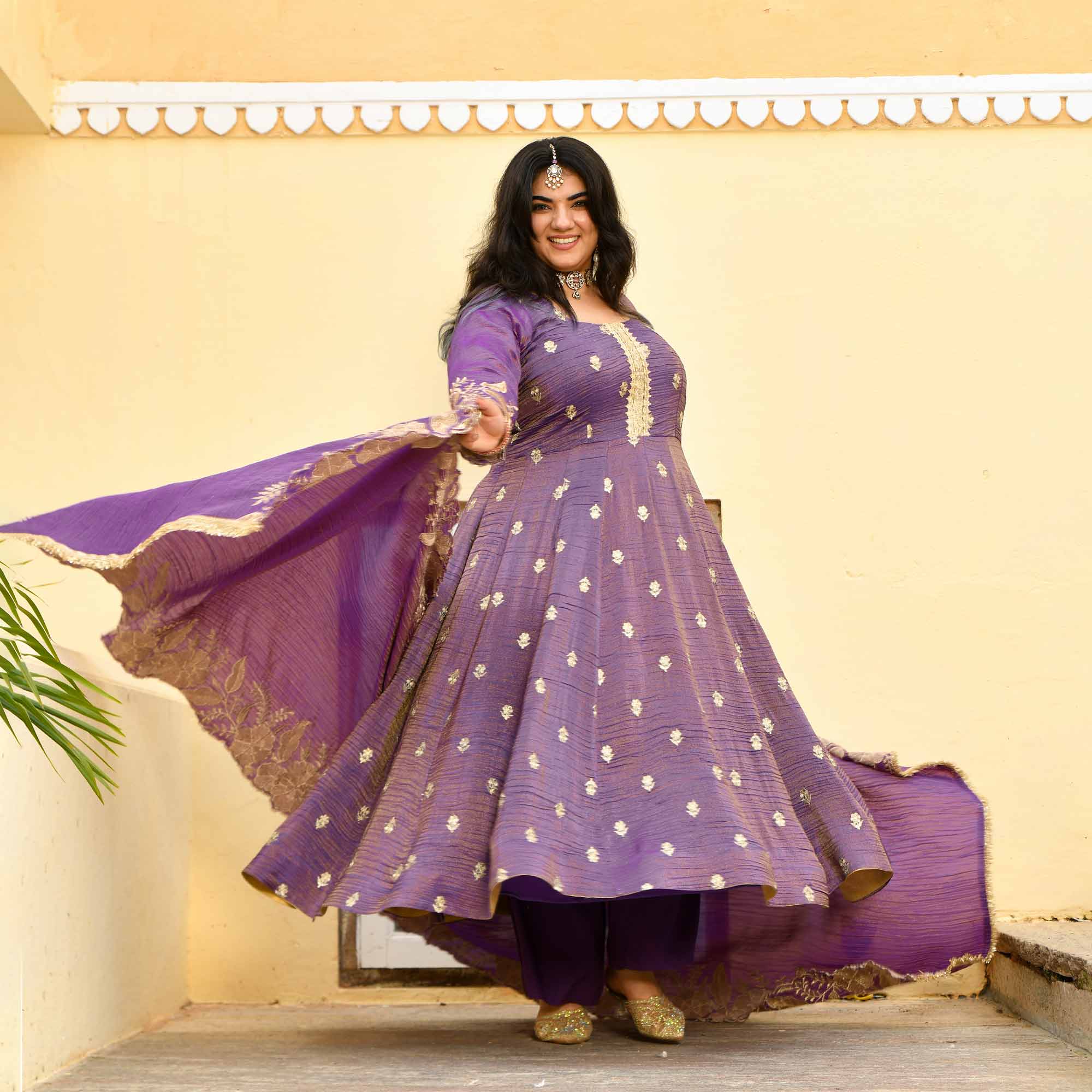 Ghungroo- Purple Pure Tissue Crush Zari embroidered Anarkali Set
