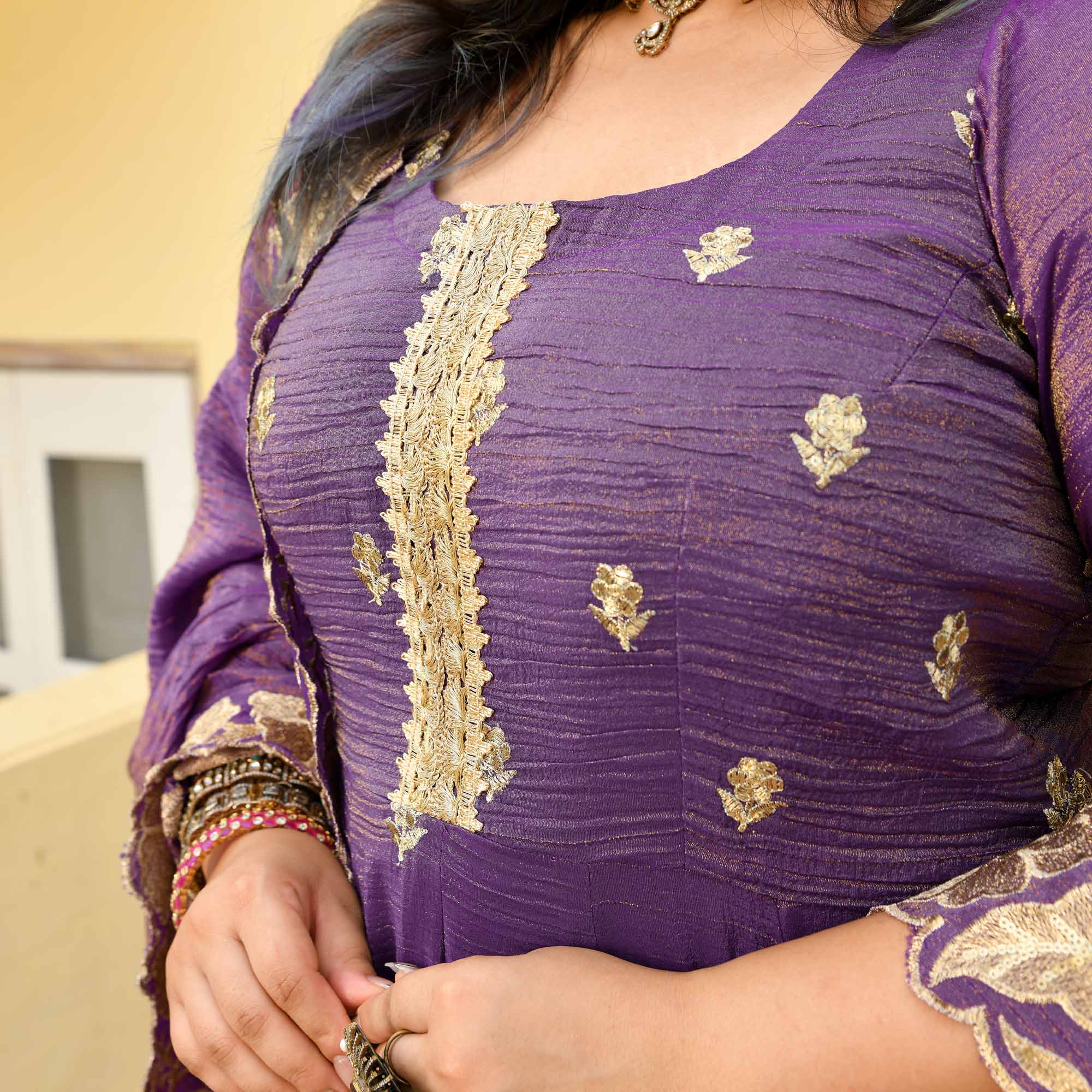 Ghungroo- Purple Pure Tissue Crush Zari embroidered Anarkali Set