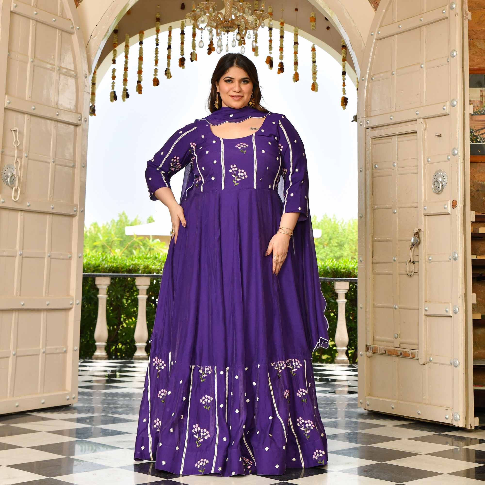 Raisin- Purple Thread Embroidered Mul Chanderi Anarkali Set