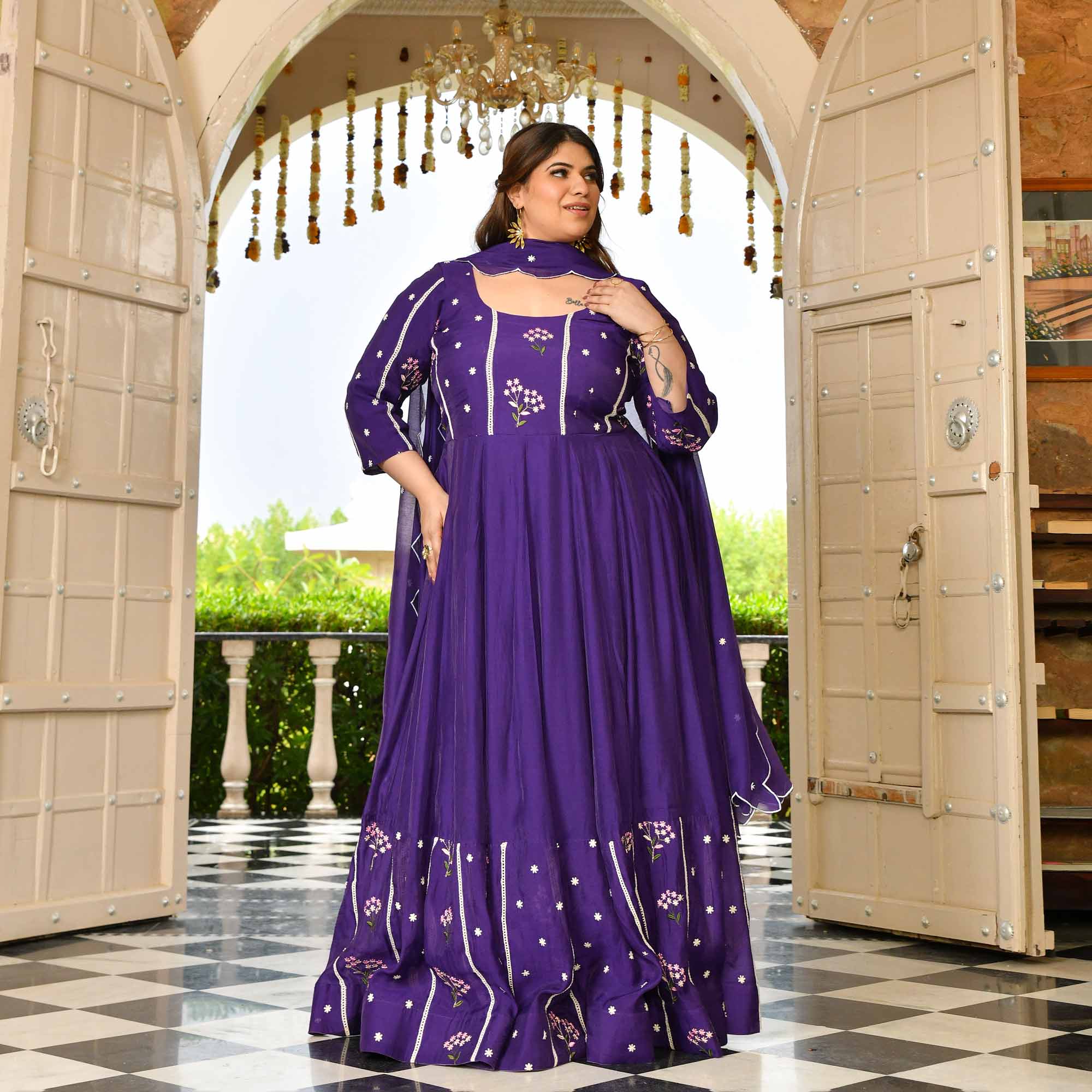 Raisin- Purple Thread Embroidered Mul Chanderi Anarkali Set