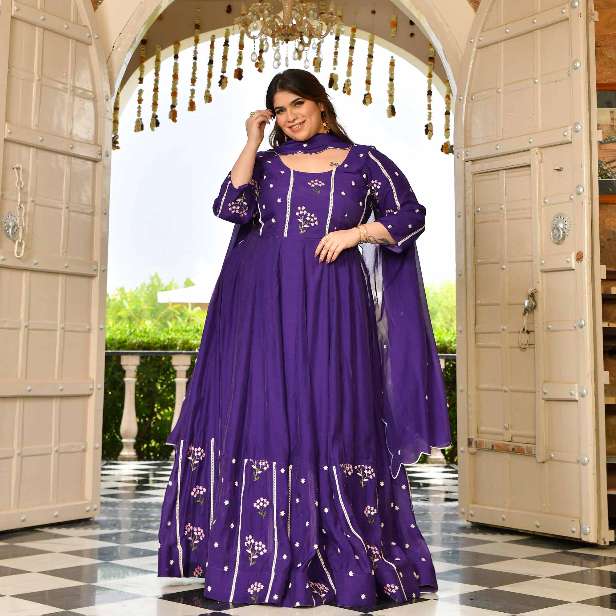 Raisin- Purple Thread Embroidered Mul Chanderi Anarkali Set