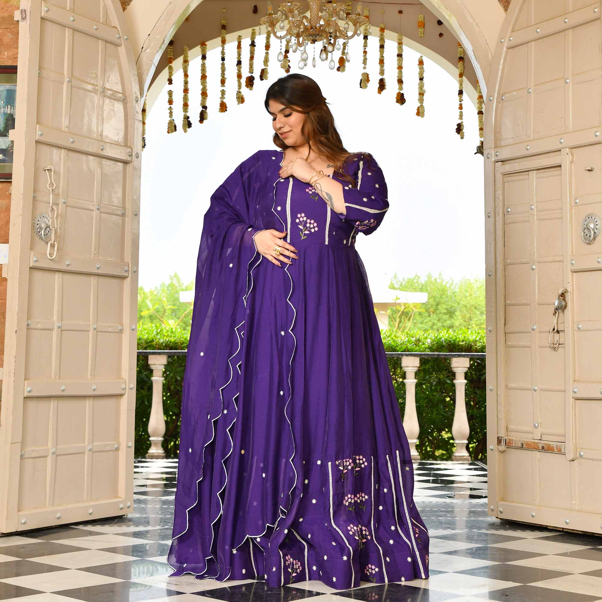Raisin- Purple Thread Embroidered Mul Chanderi Anarkali Set