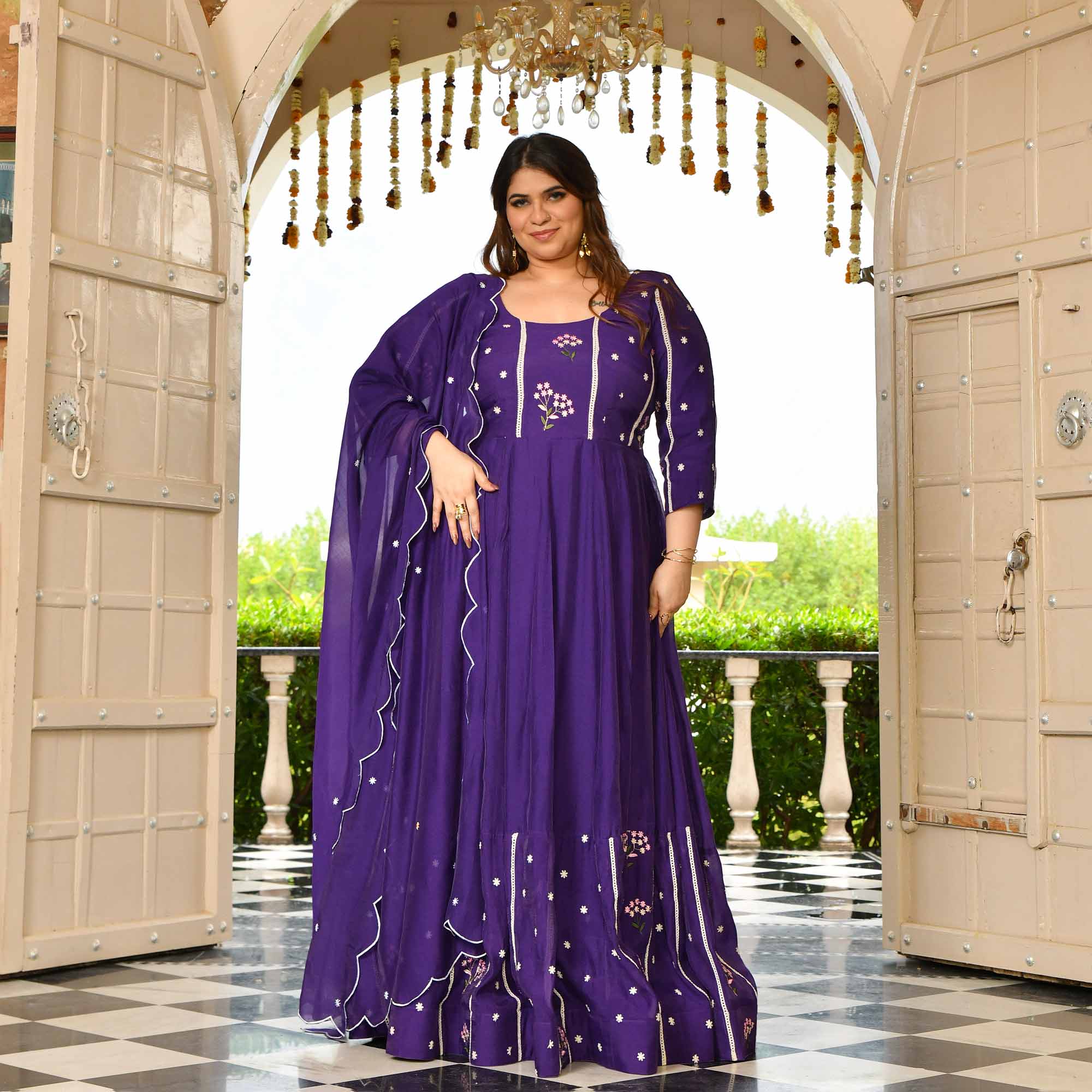 Raisin- Purple Thread Embroidered Mul Chanderi Anarkali Set