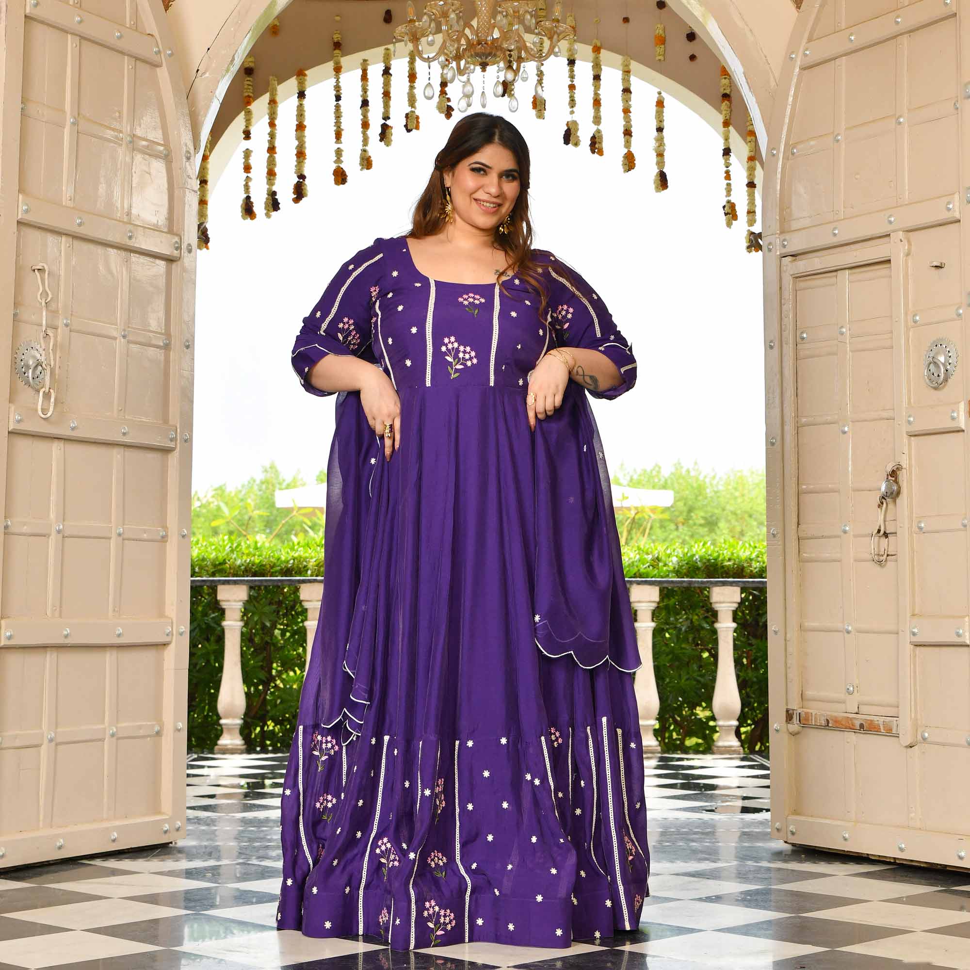Raisin- Purple Thread Embroidered Mul Chanderi Anarkali Set