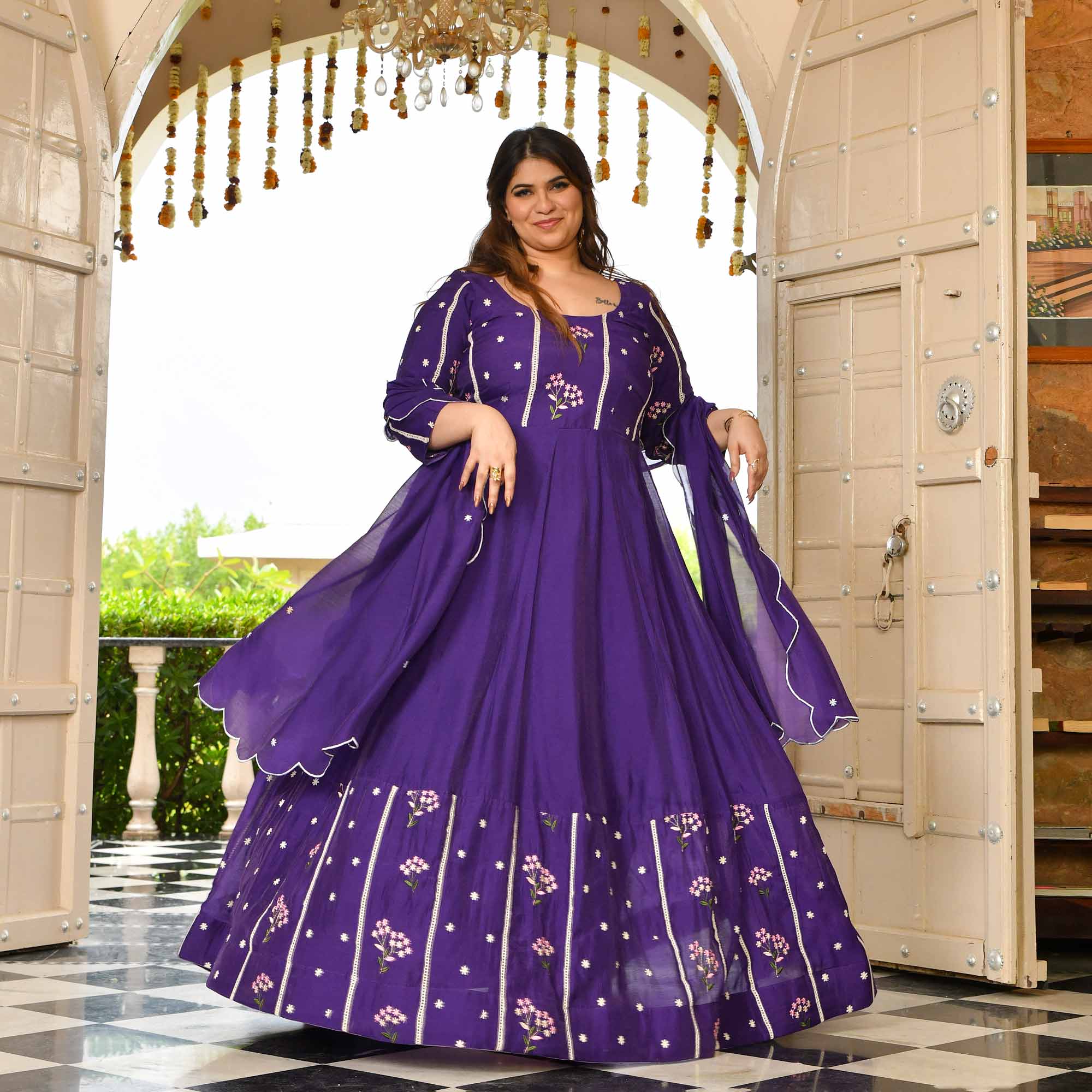 Raisin- Purple Thread Embroidered Mul Chanderi Anarkali Set