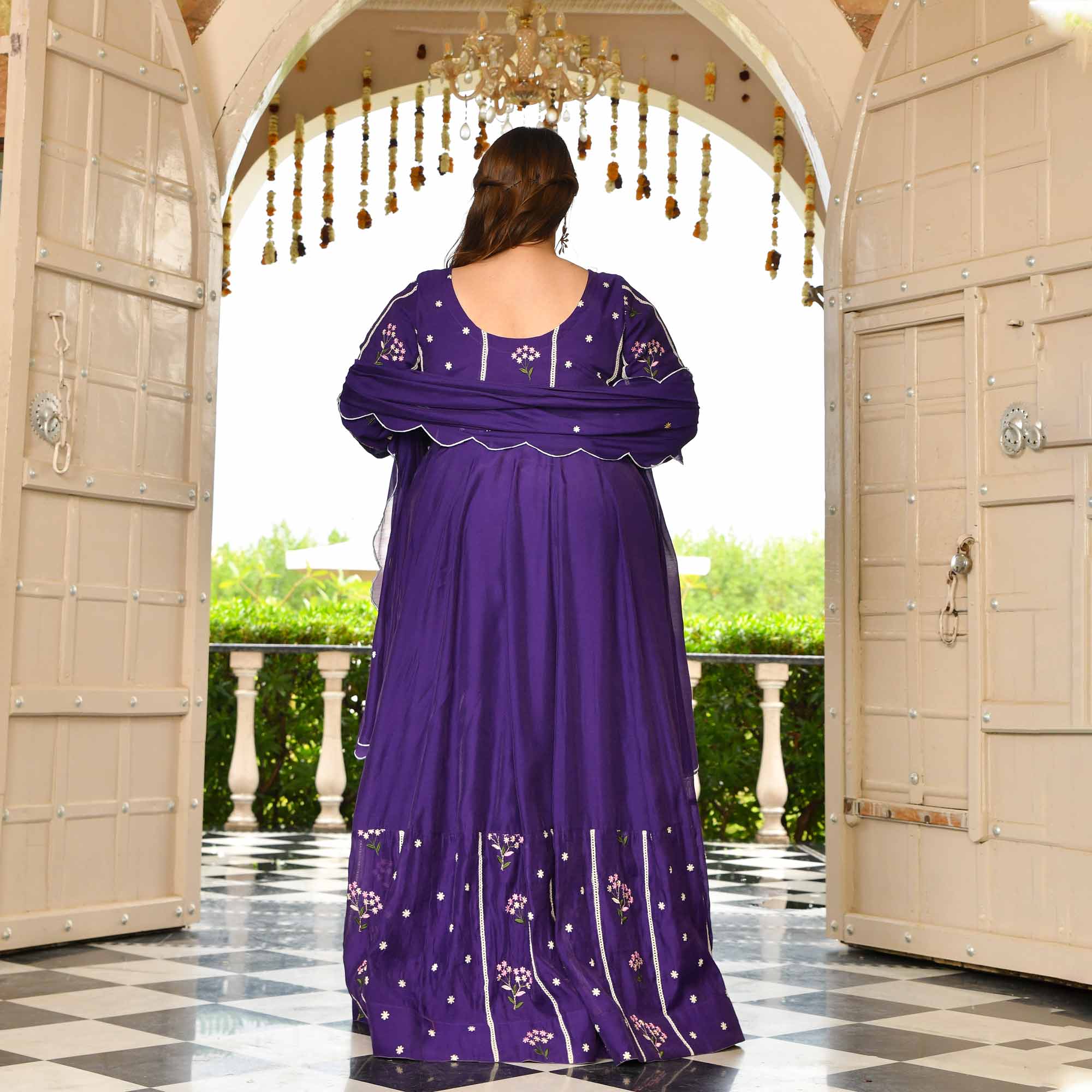 Raisin- Purple Thread Embroidered Mul Chanderi Anarkali Set