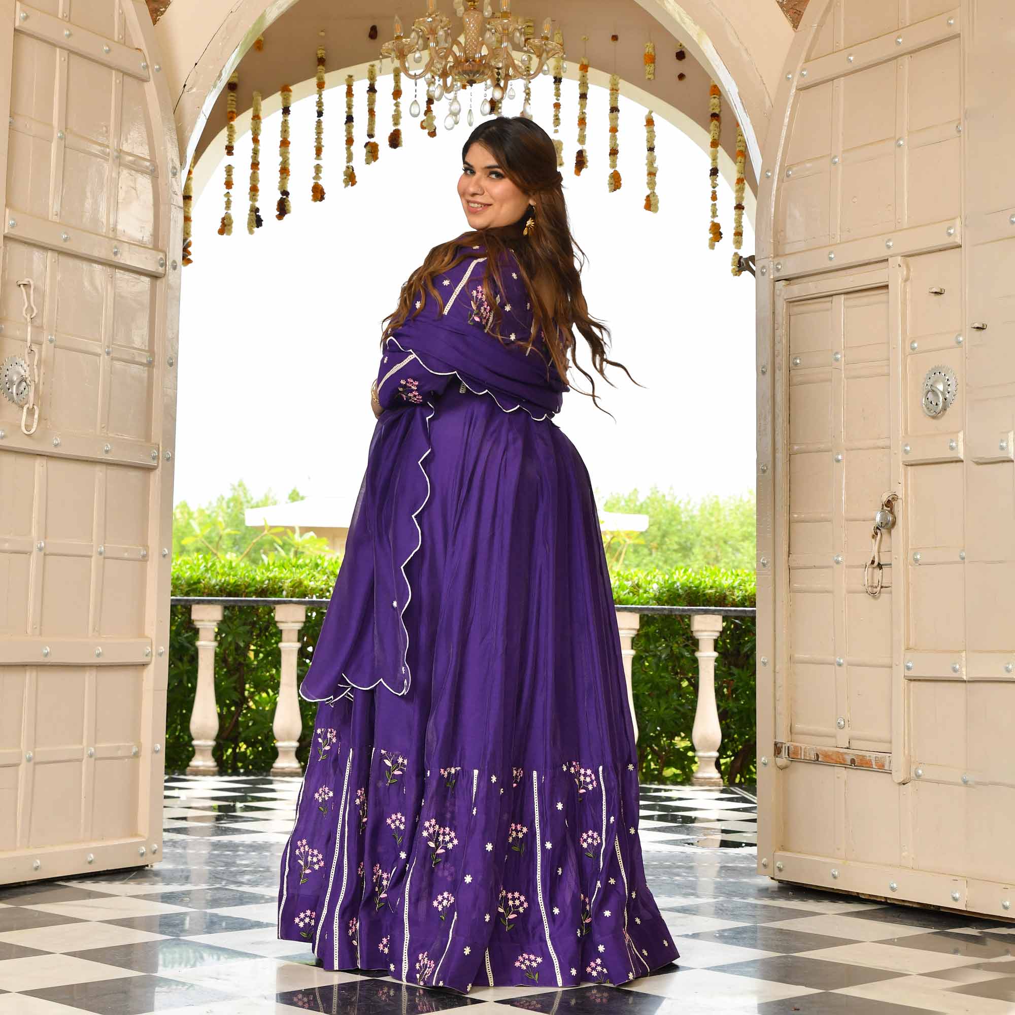Raisin- Purple Thread Embroidered Mul Chanderi Anarkali Set