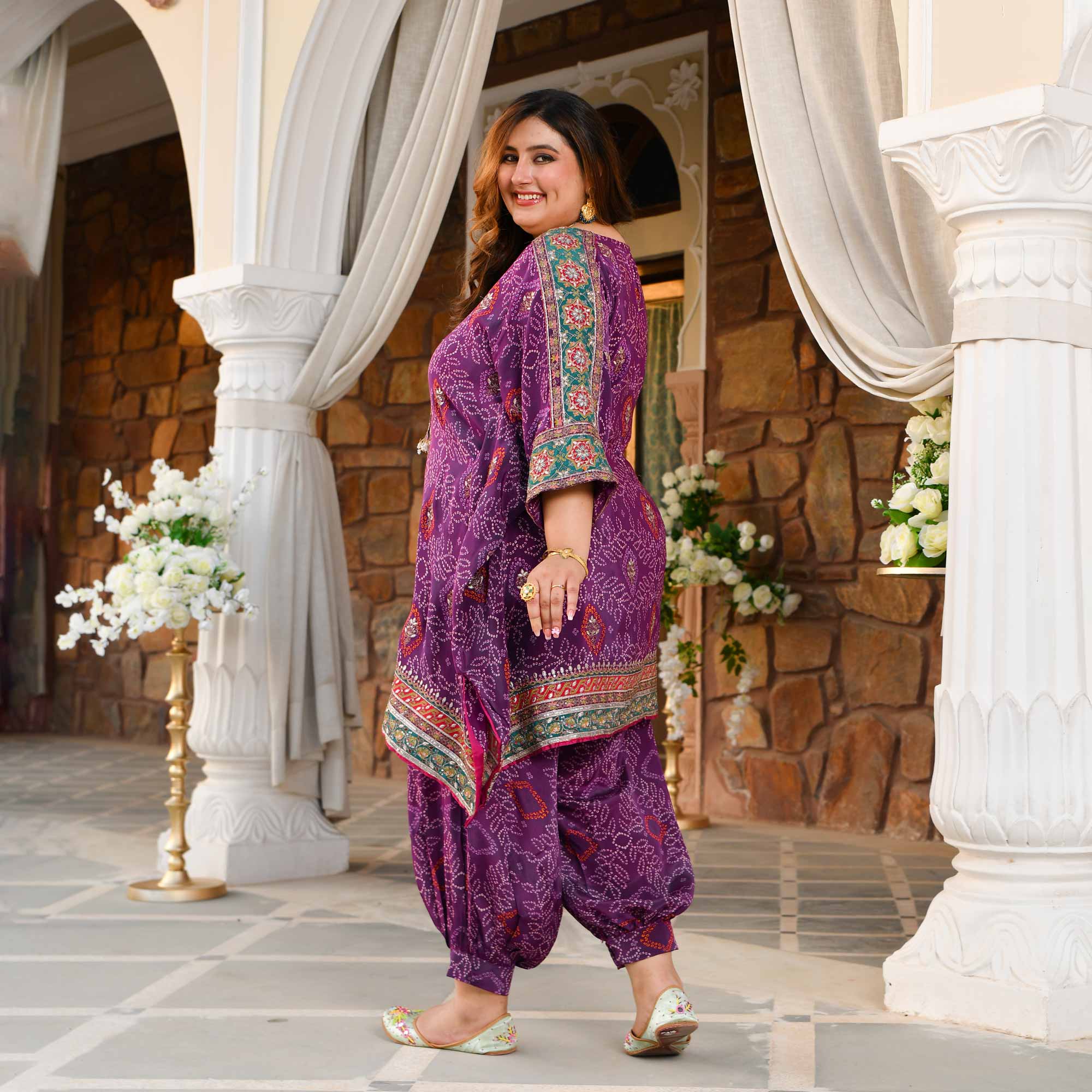 Bikaner- Deep Purple Fusion Bandhani Pure Crepe Co-Ord Set