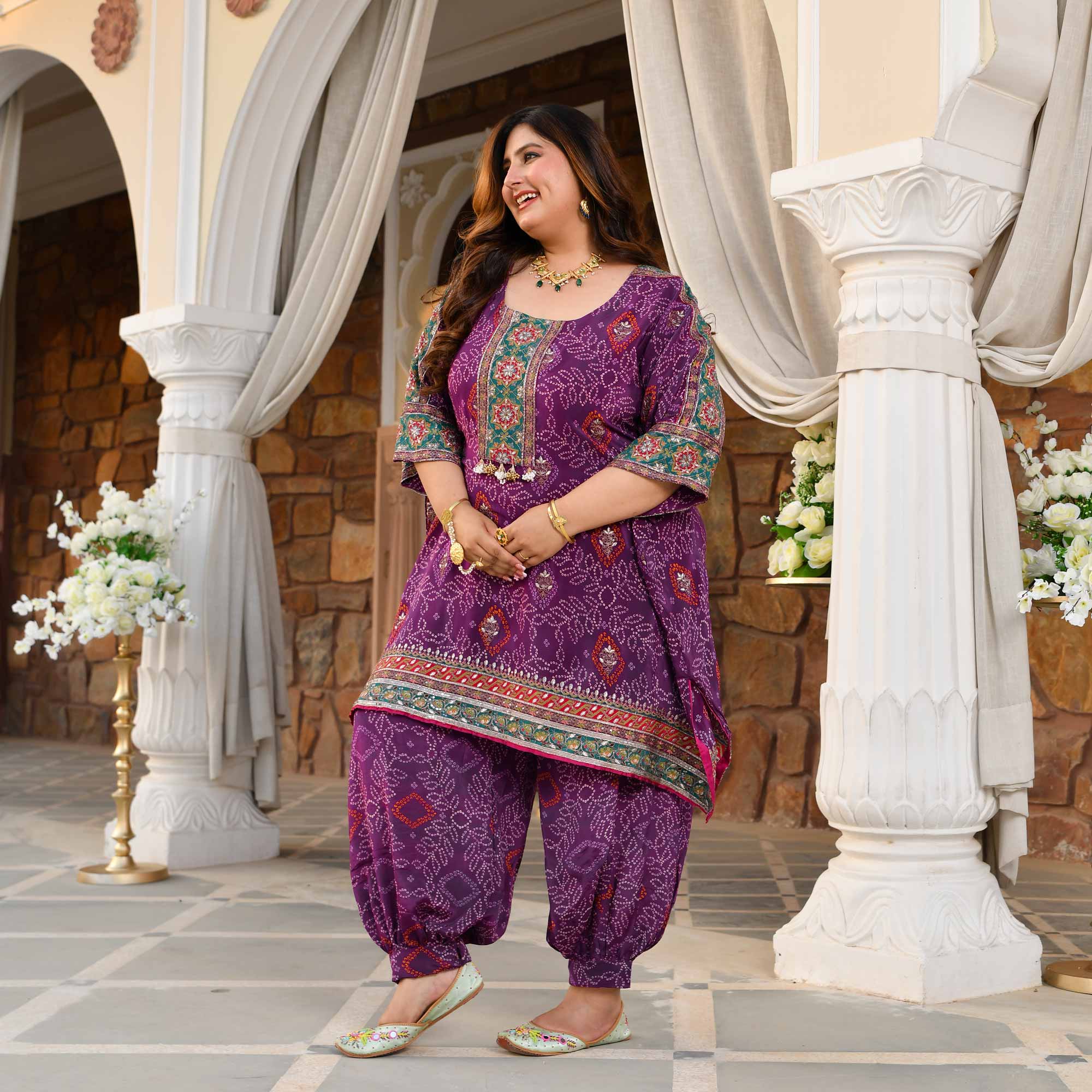 Bikaner- Deep Purple Fusion Bandhani Pure Crepe Co-Ord Set