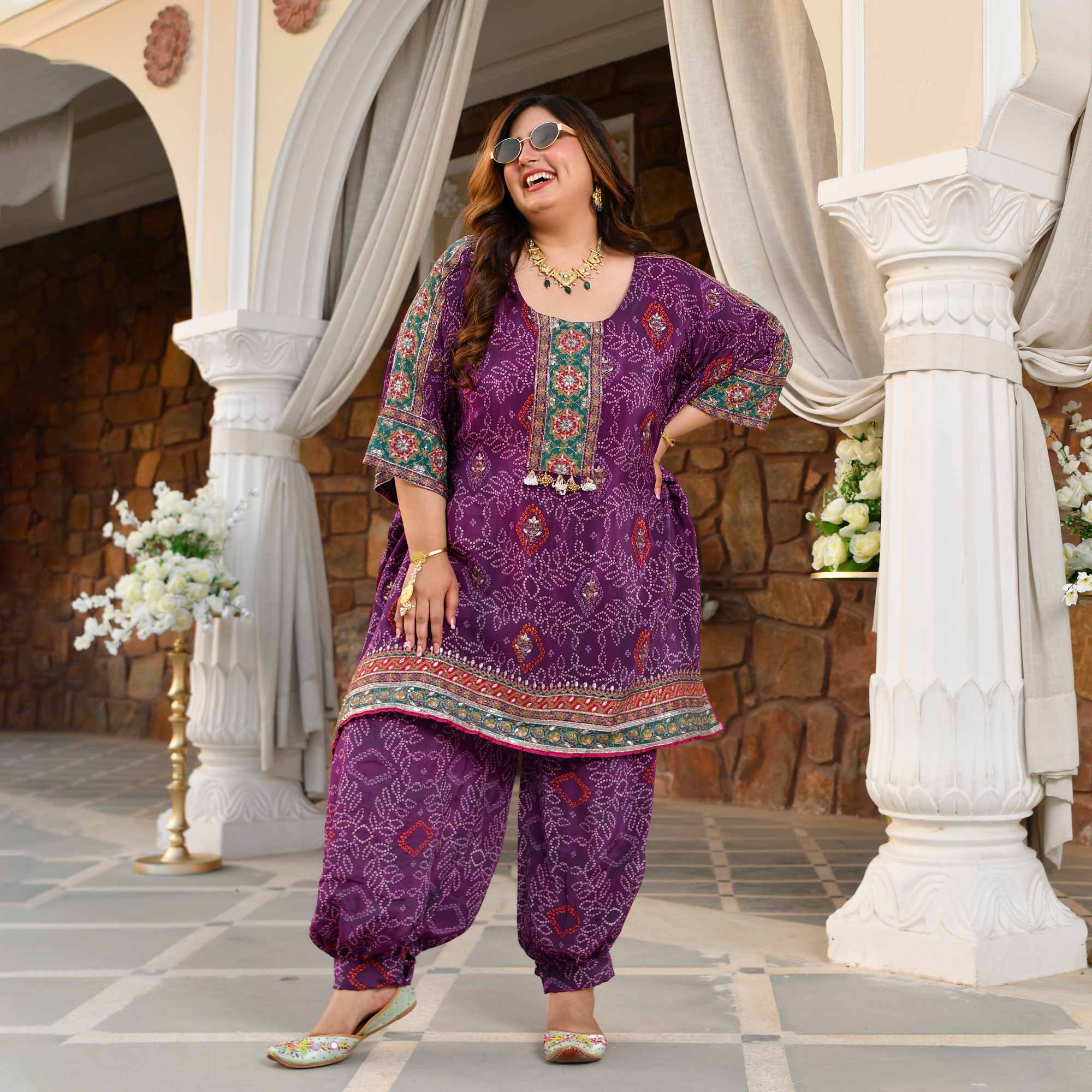 Bikaner- Deep Purple Fusion Bandhani Pure Crepe Co-Ord Set