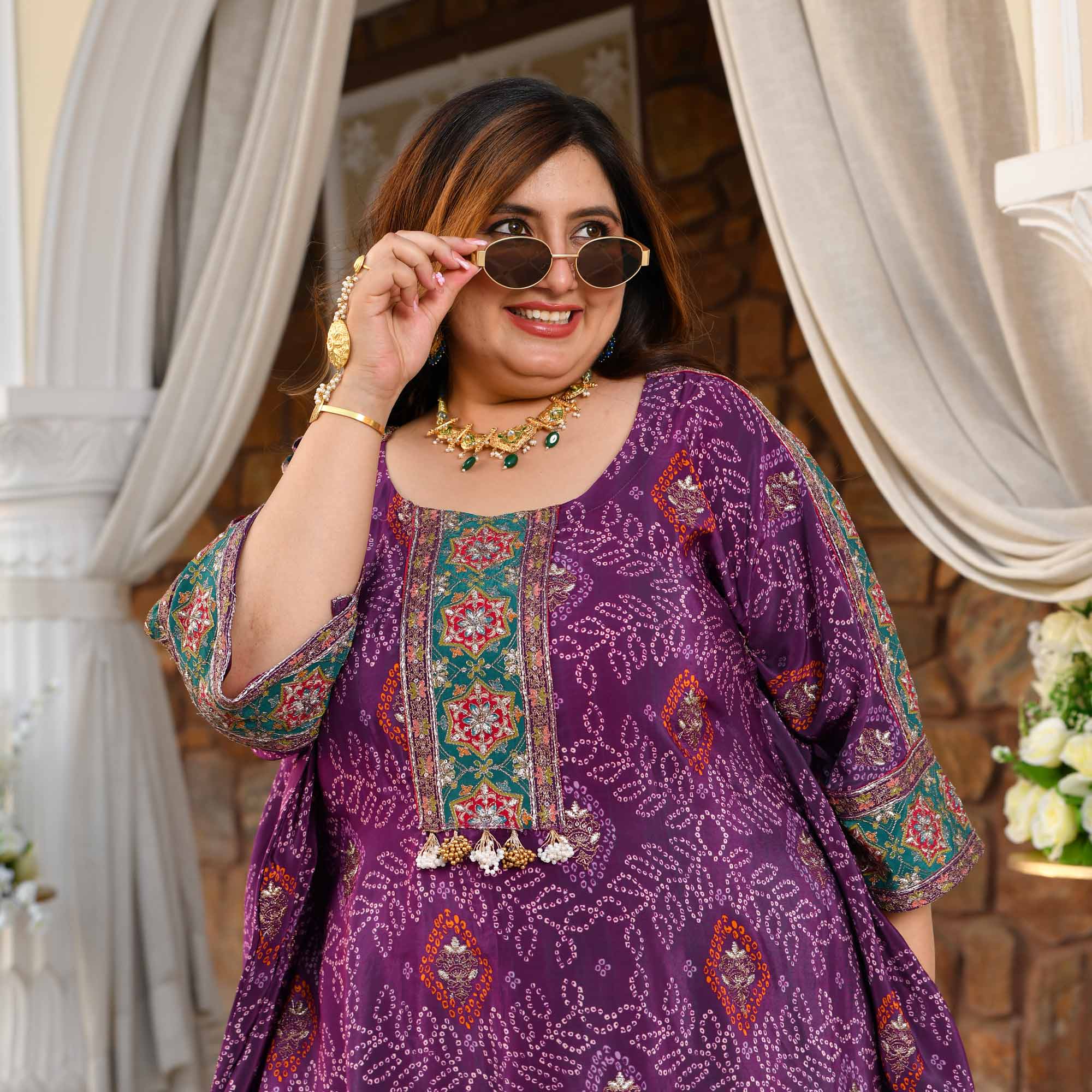 Bikaner- Deep Purple Fusion Bandhani Pure Crepe Co-Ord Set