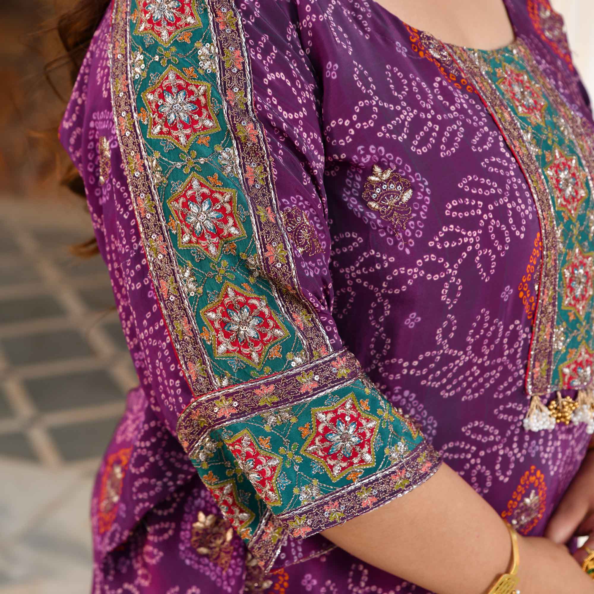Bikaner- Deep Purple Fusion Bandhani Pure Crepe Co-Ord Set