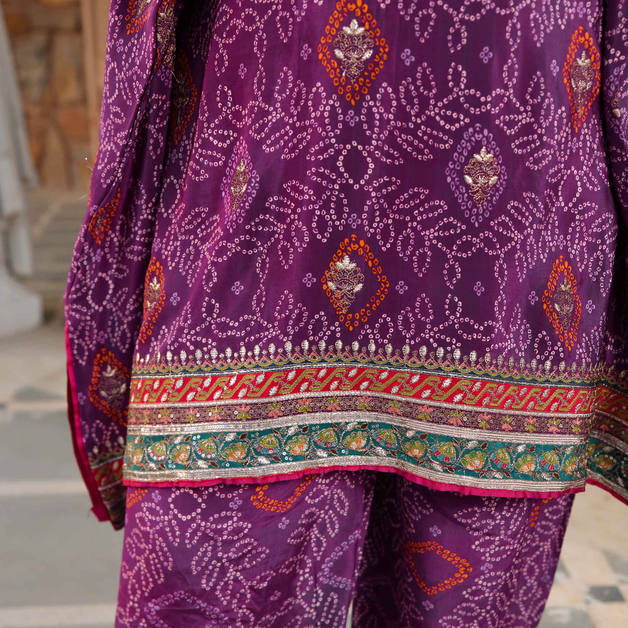 Bikaner- Deep Purple Fusion Bandhani Pure Crepe Co-Ord Set