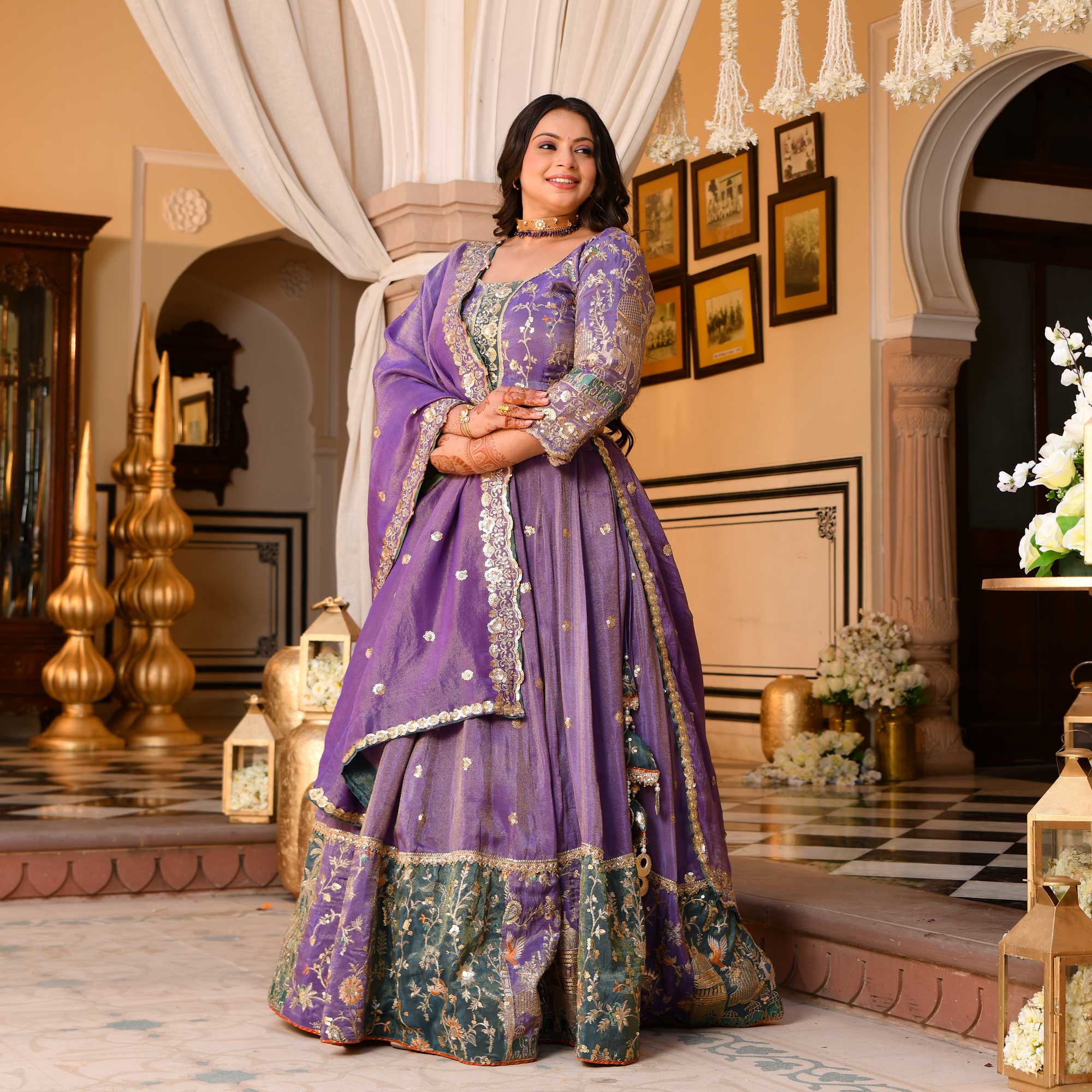 Mohini- Wisteria Purple Sequin & Thread Embroidered Pure Tissue Silk Lehenga Set