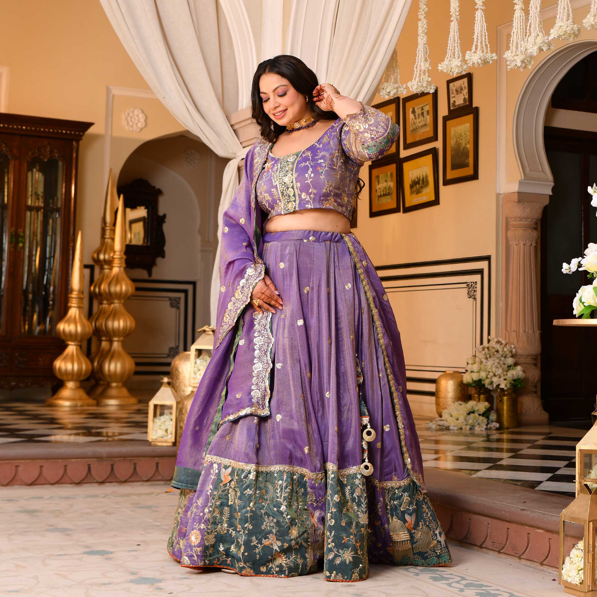 Mohini- Wisteria Purple Sequin & Thread Embroidered Pure Tissue Silk Lehenga Set