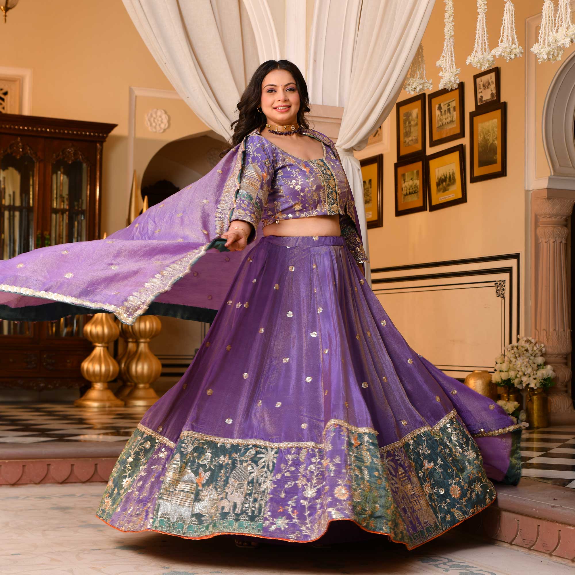 Mohini- Wisteria Purple Sequin & Thread Embroidered Pure Tissue Silk Lehenga Set