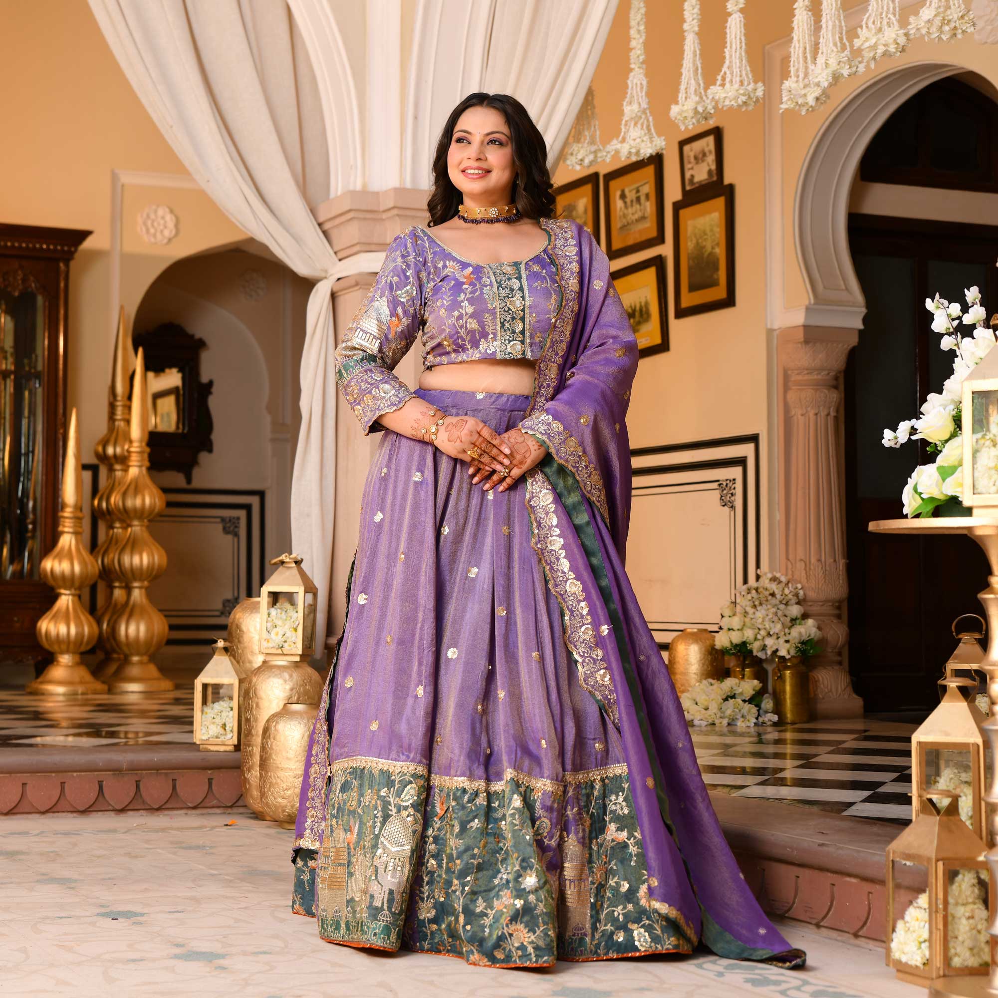 Mohini- Wisteria Purple Sequin & Thread Embroidered Pure Tissue Silk Lehenga Set